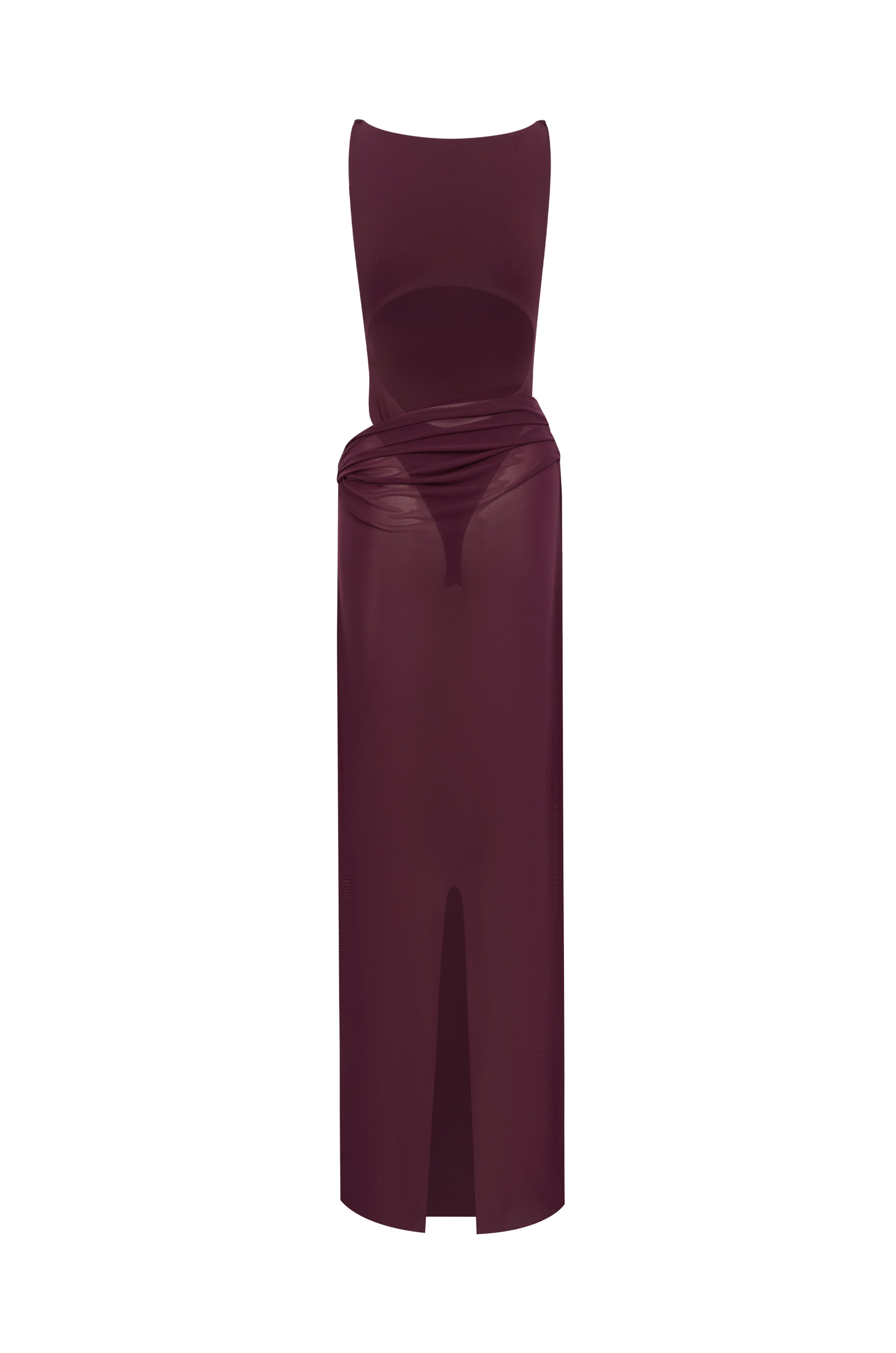 Burgundy swimsuit with a matching sheer maxi skirt on a white background.