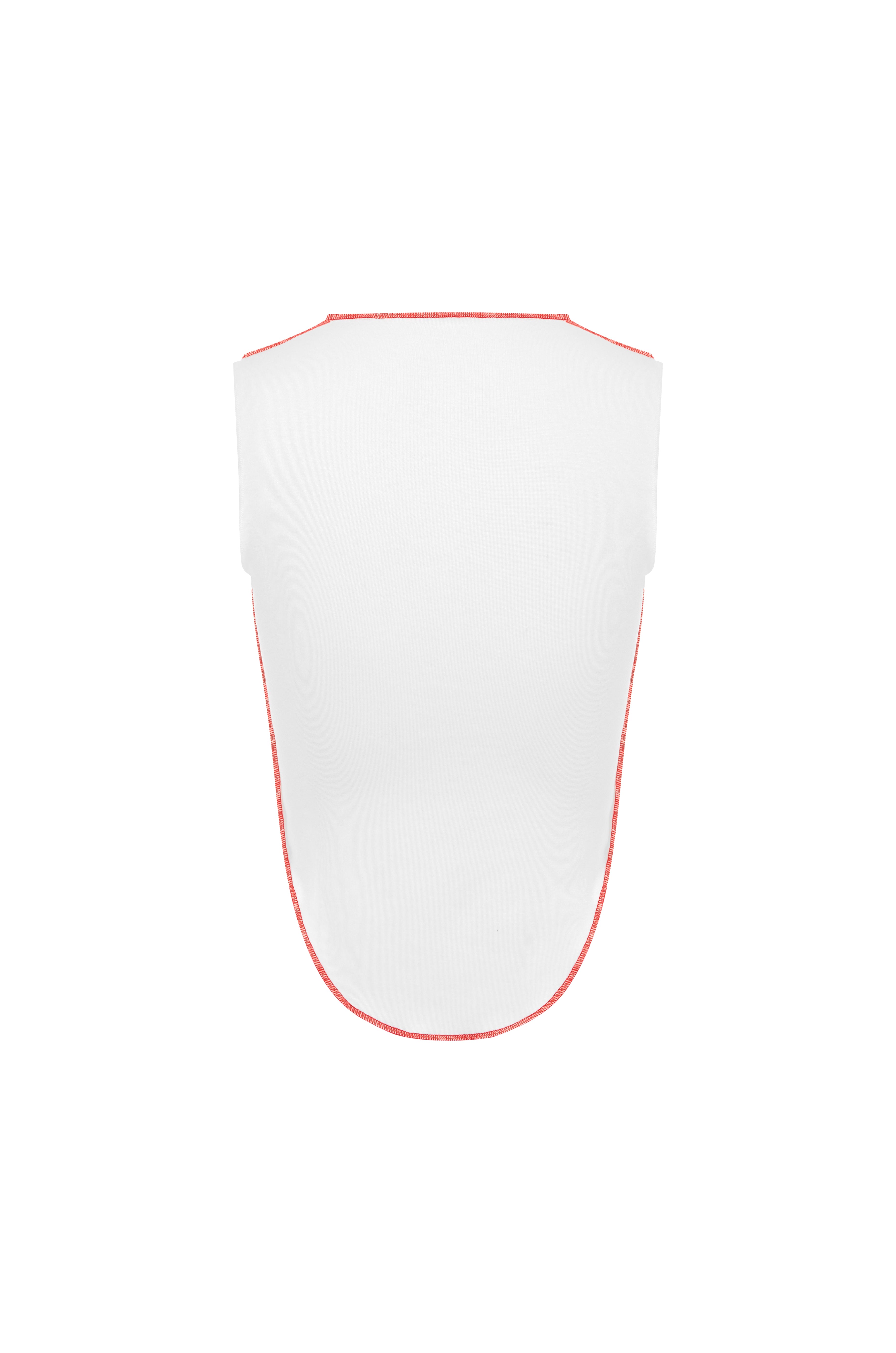 Back shot of white sleeveless tee on a white background.