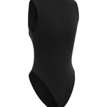 Cut out back shot of a black zip up sleeveless swimsuit on a white background.