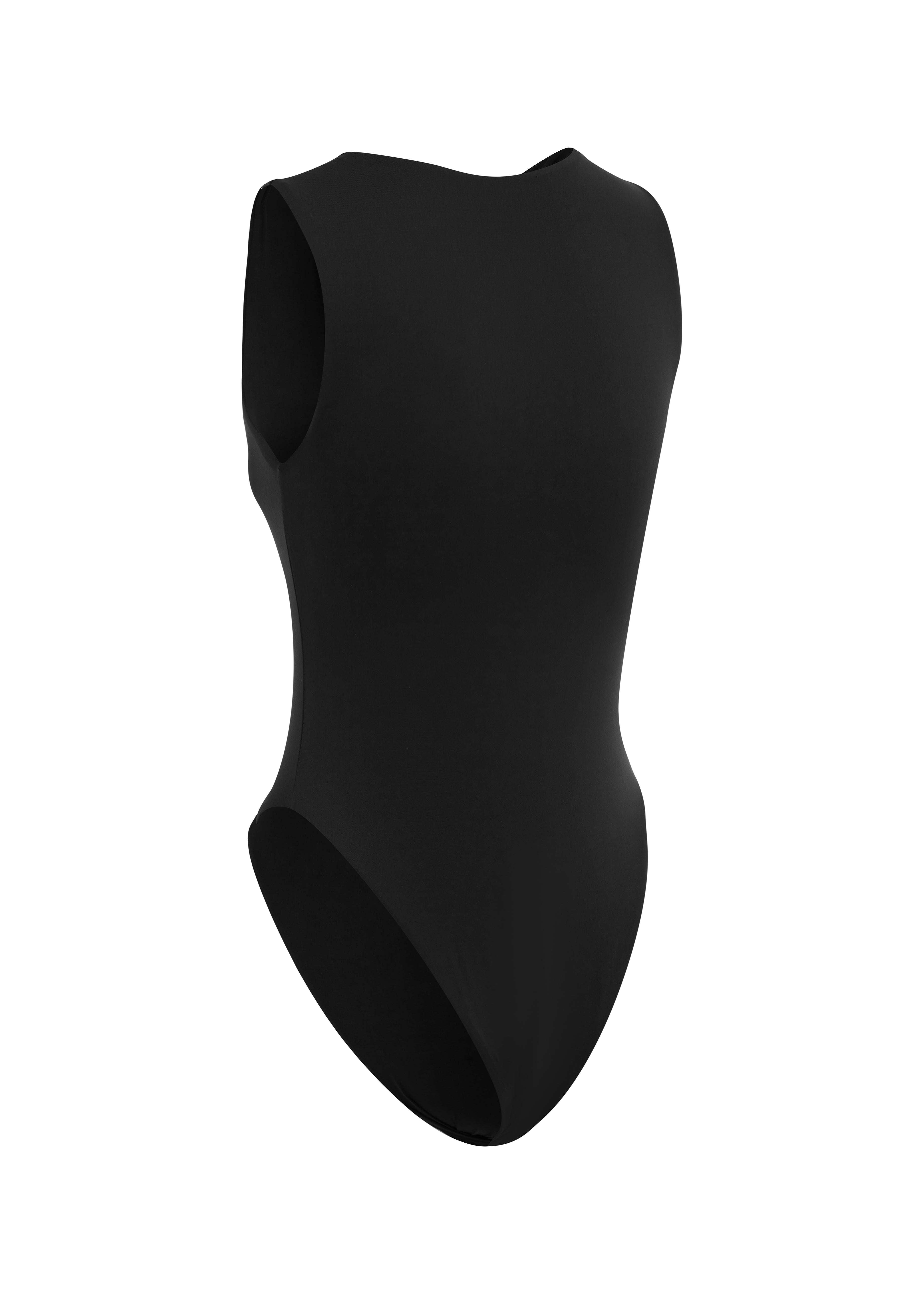Cut out back shot of a black zip up sleeveless swimsuit on a white background.