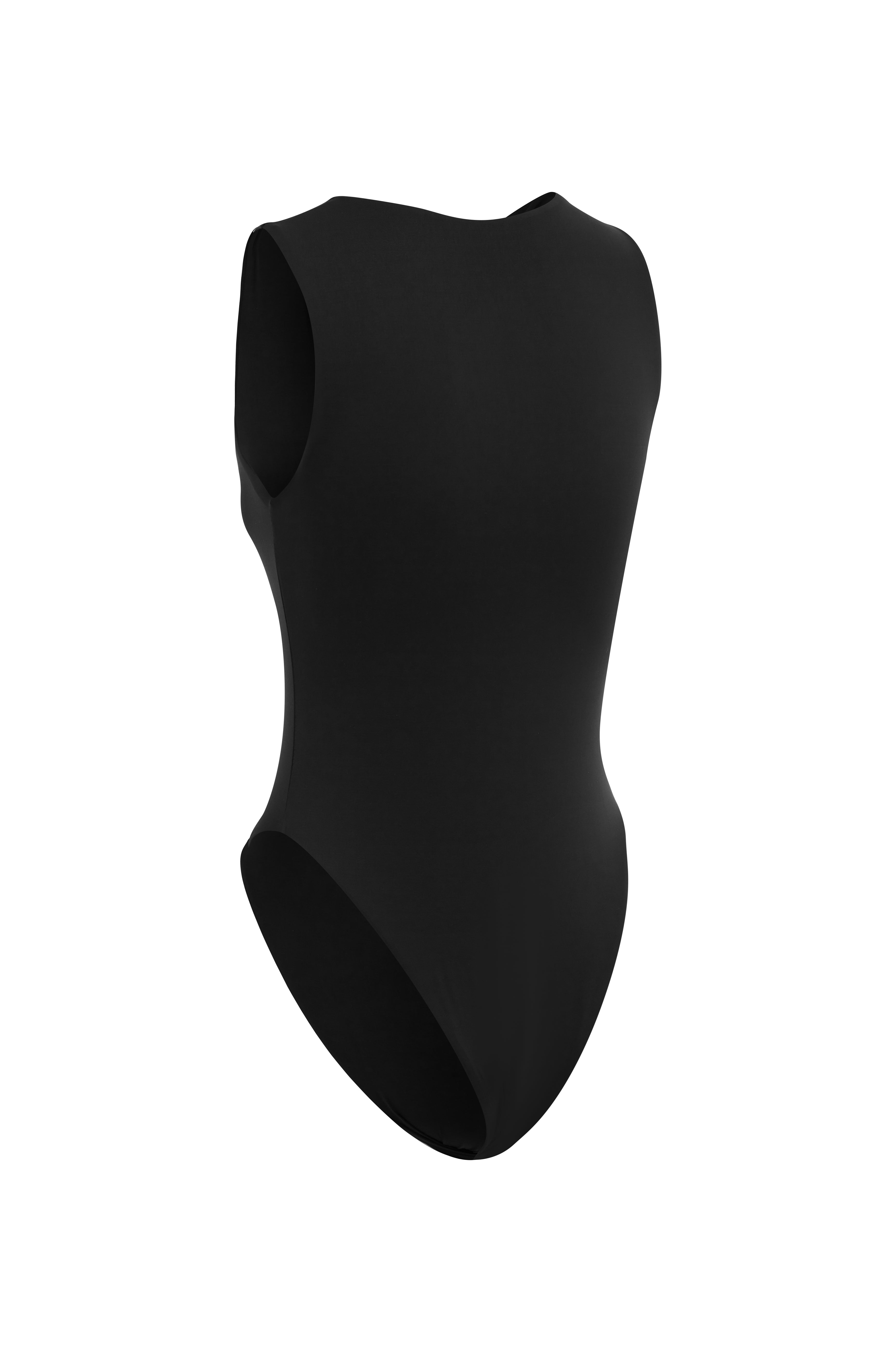 Cut out back shot of a black zip up sleeveless swimsuit on a white background.