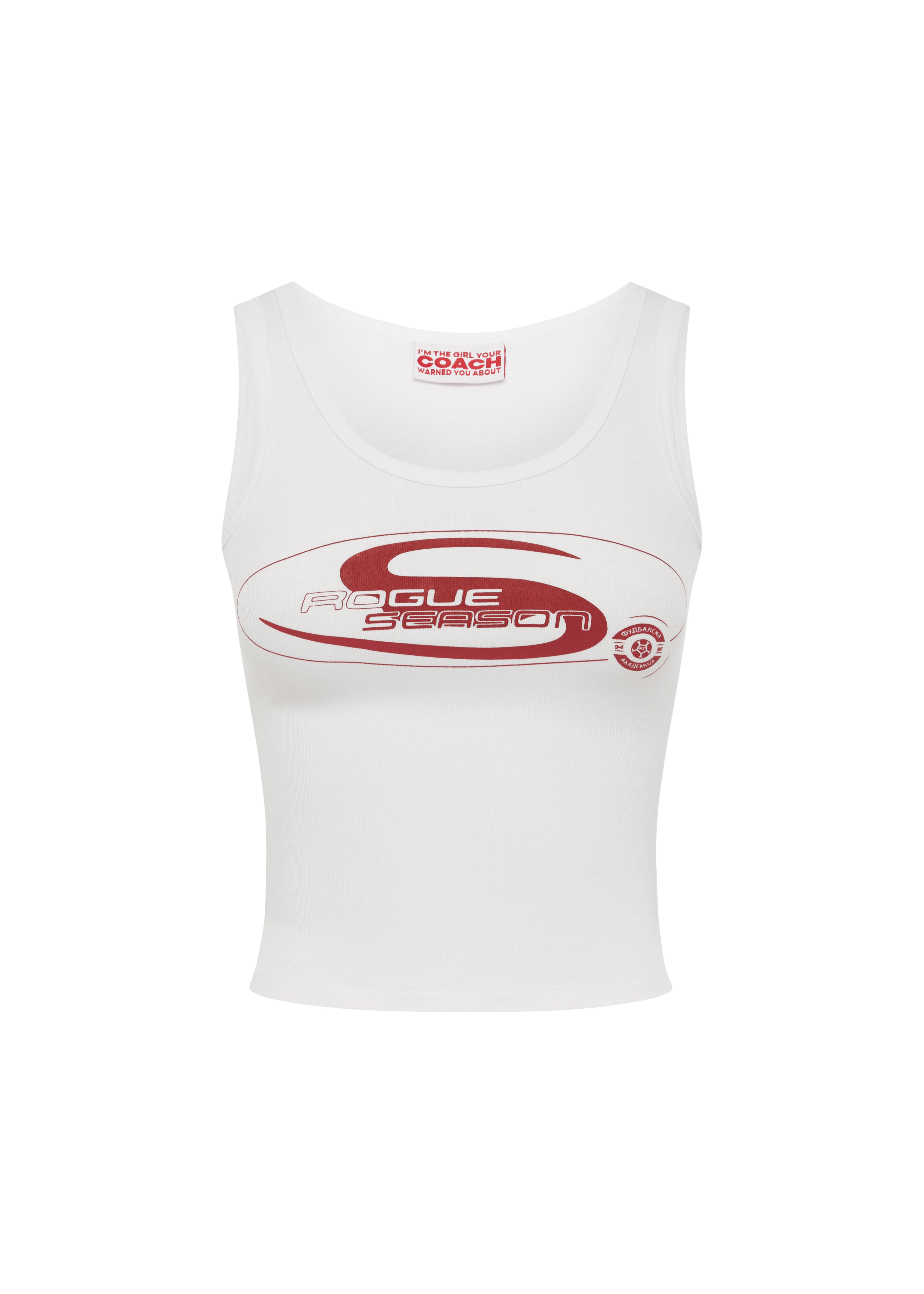 White tank top with red 'ROGUESEASON' logo on a white background.