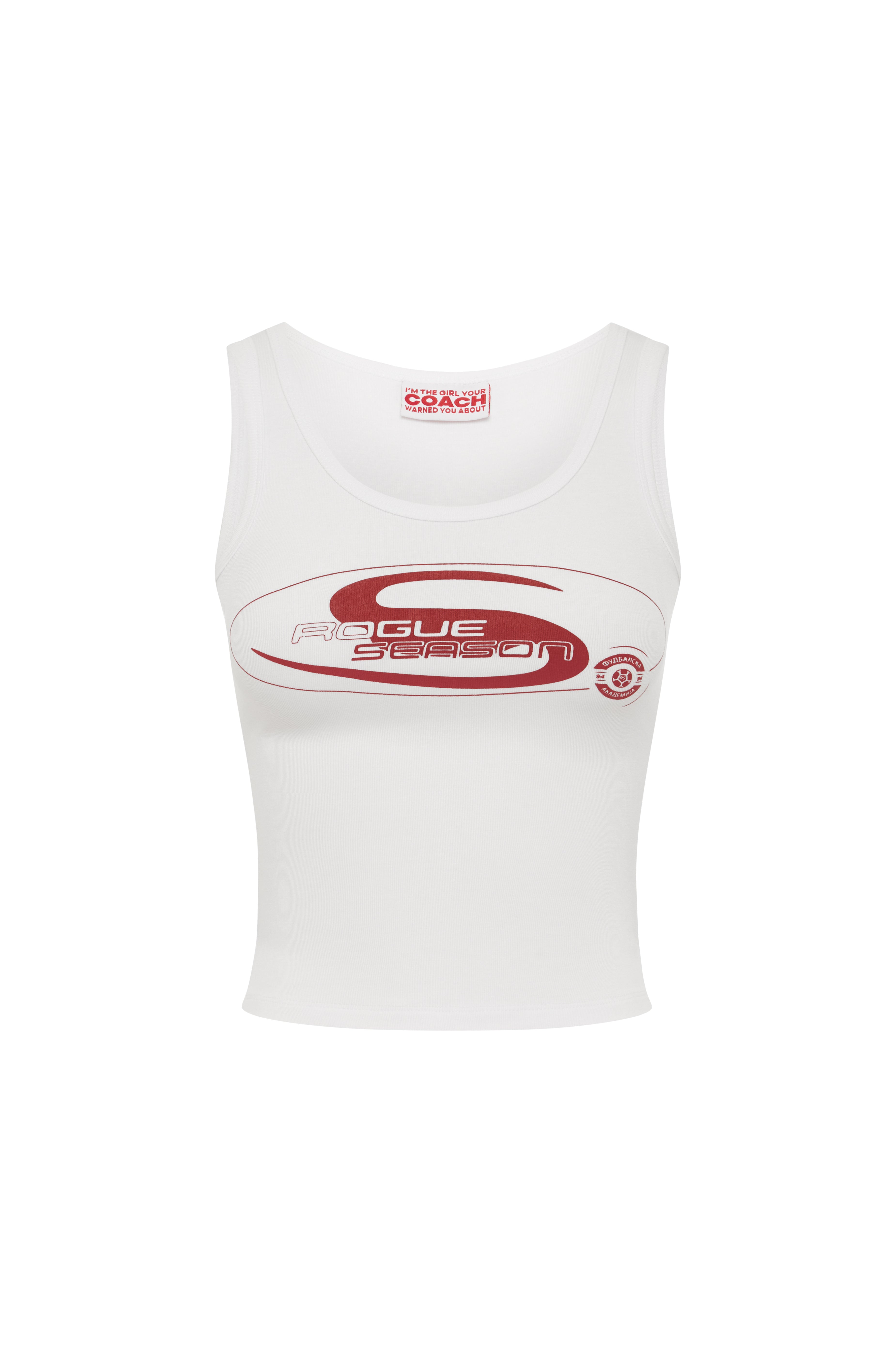 White tank top with red 'ROGUESEASON' logo on a white background.