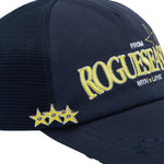 Close up detail shot of navy hat with 3 star pin attached to hat. Yellow text 'ROGUESEASON' on hat.