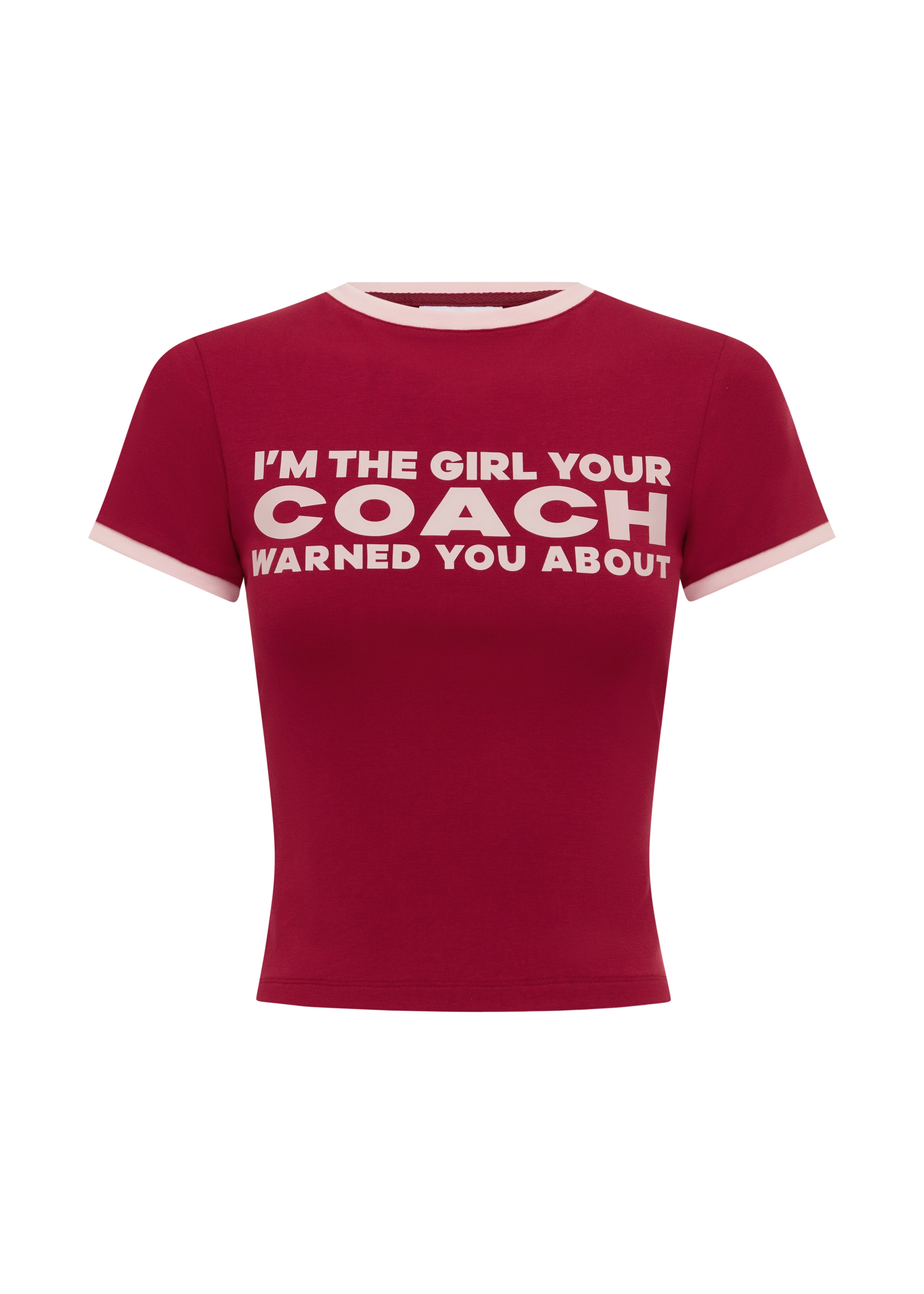 Cherry t-shirt with white text on a white background