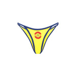Yellow triangle bikini top with blue trim and Rogue Season logo, on a white background.
