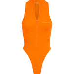 An orange Leto swimsuit featuring a high neck and backless design on a white background.