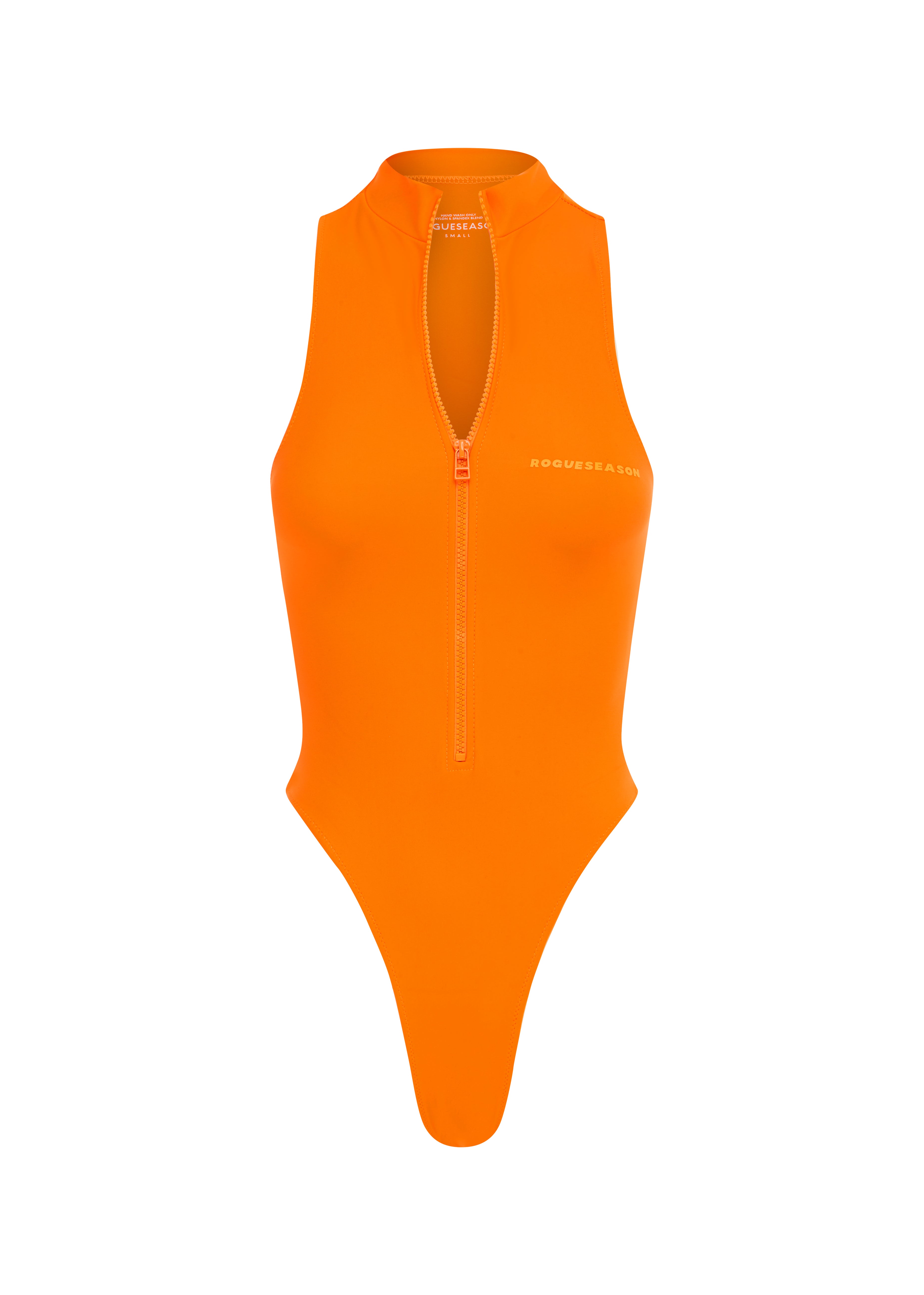An orange Leto swimsuit featuring a high neck and backless design on a white background.