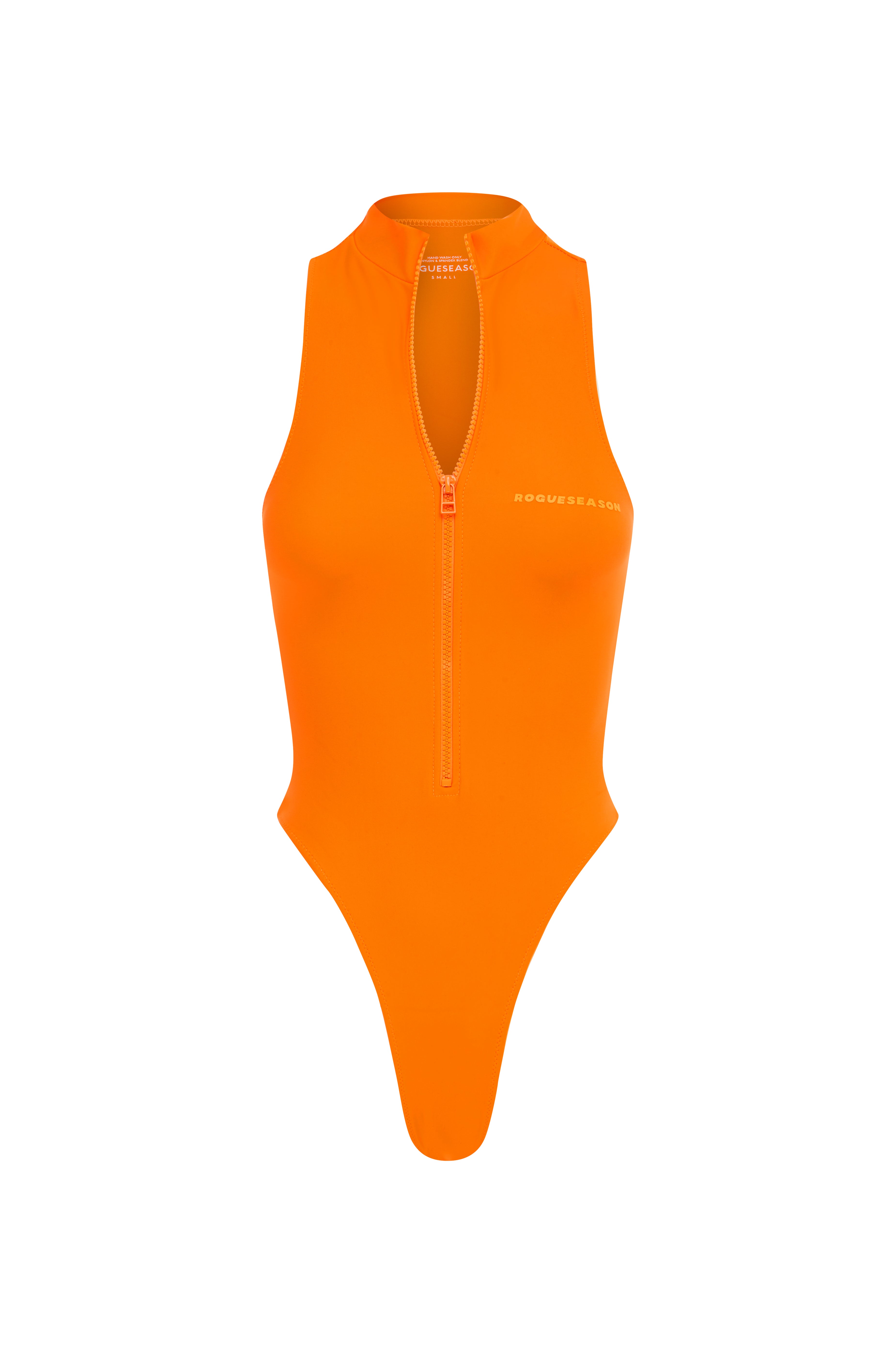 An orange Leto swimsuit featuring a high neck and backless design on a white background.
