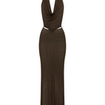 Brown halter neck dress on a white background
