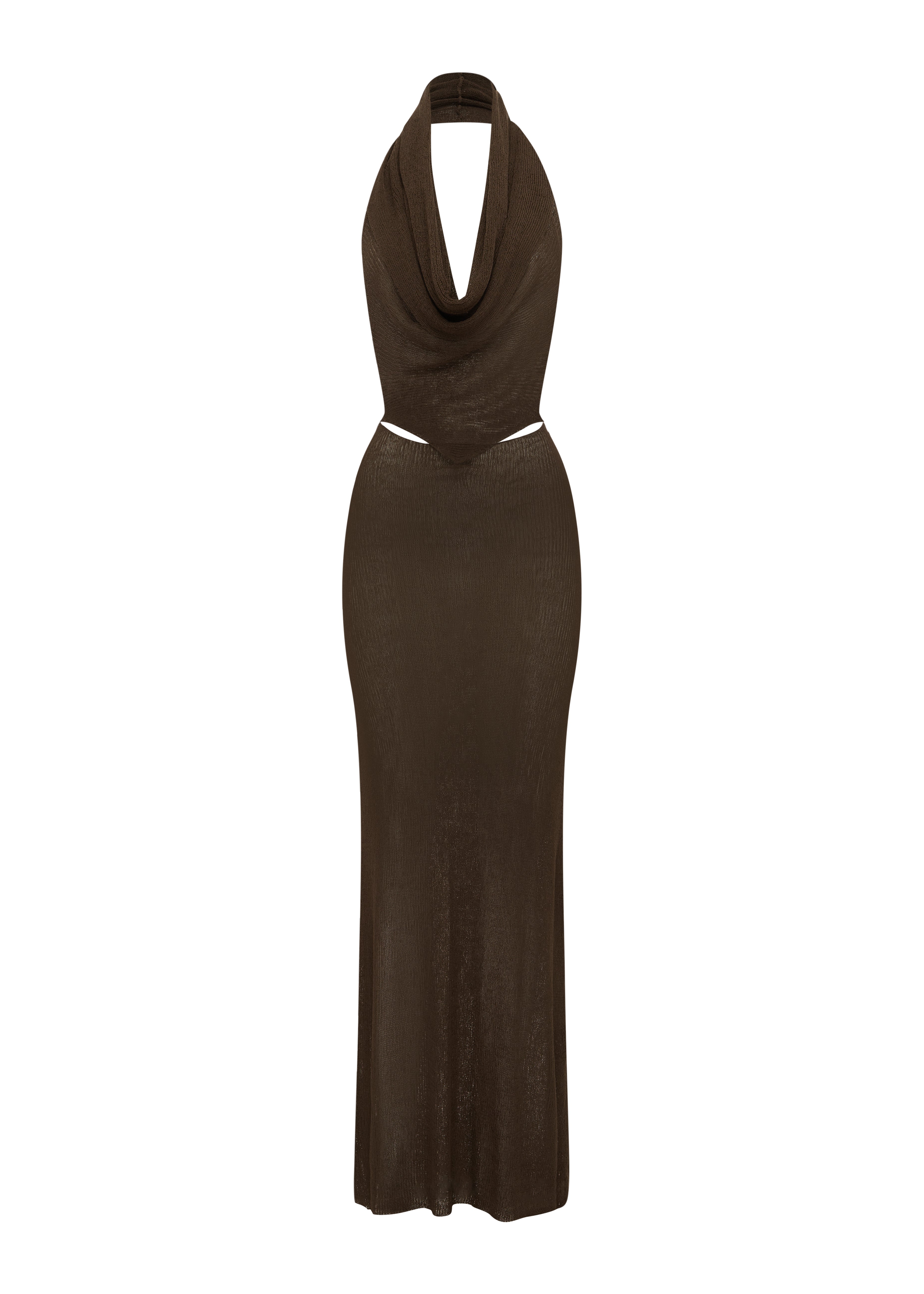 Brown halter neck dress on a white background