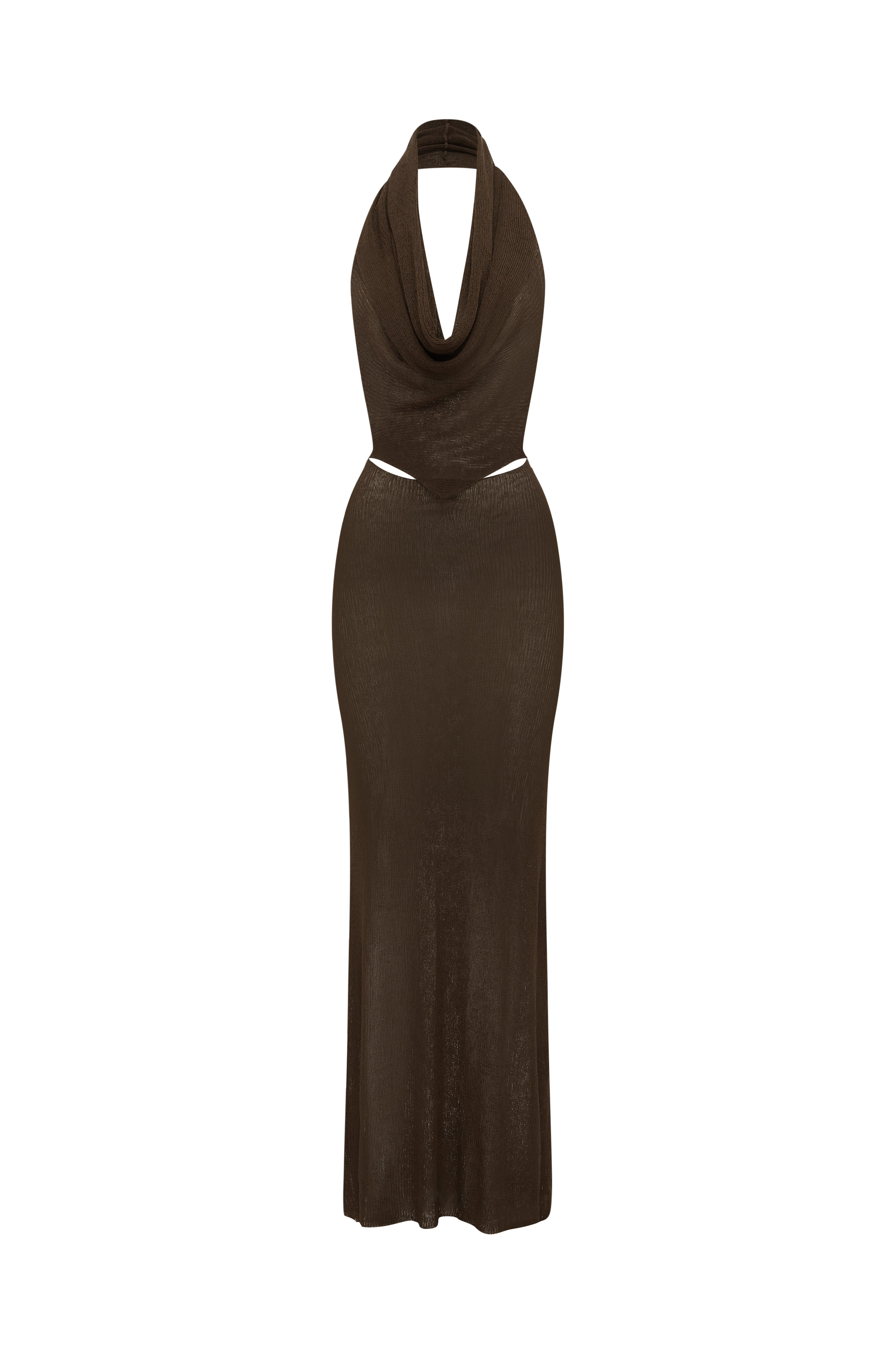 Brown halter neck dress on a white background