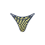 Checkered navy and yellow bikini bottom on a white background.
