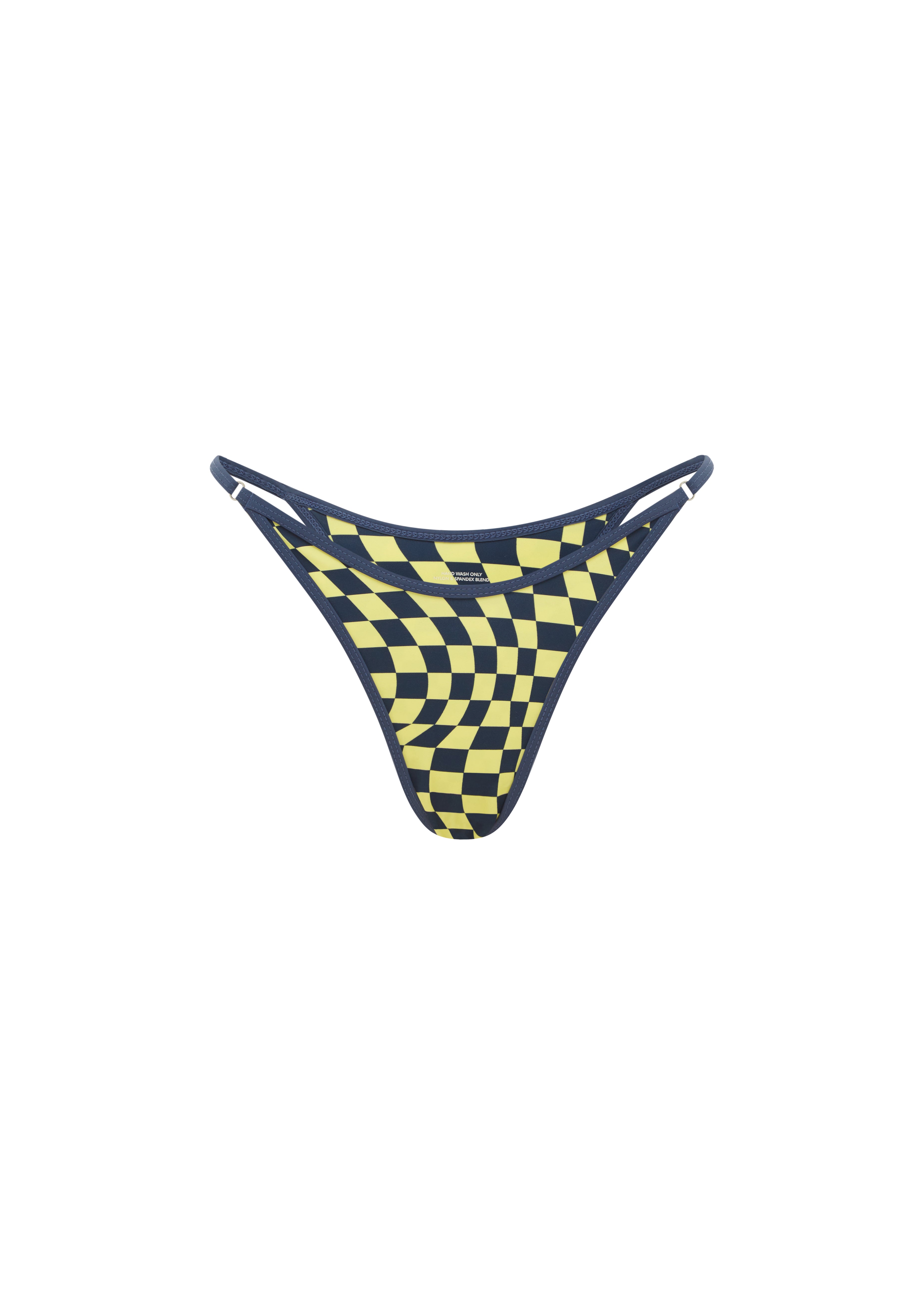 Checkered navy and yellow bikini bottom on a white background.