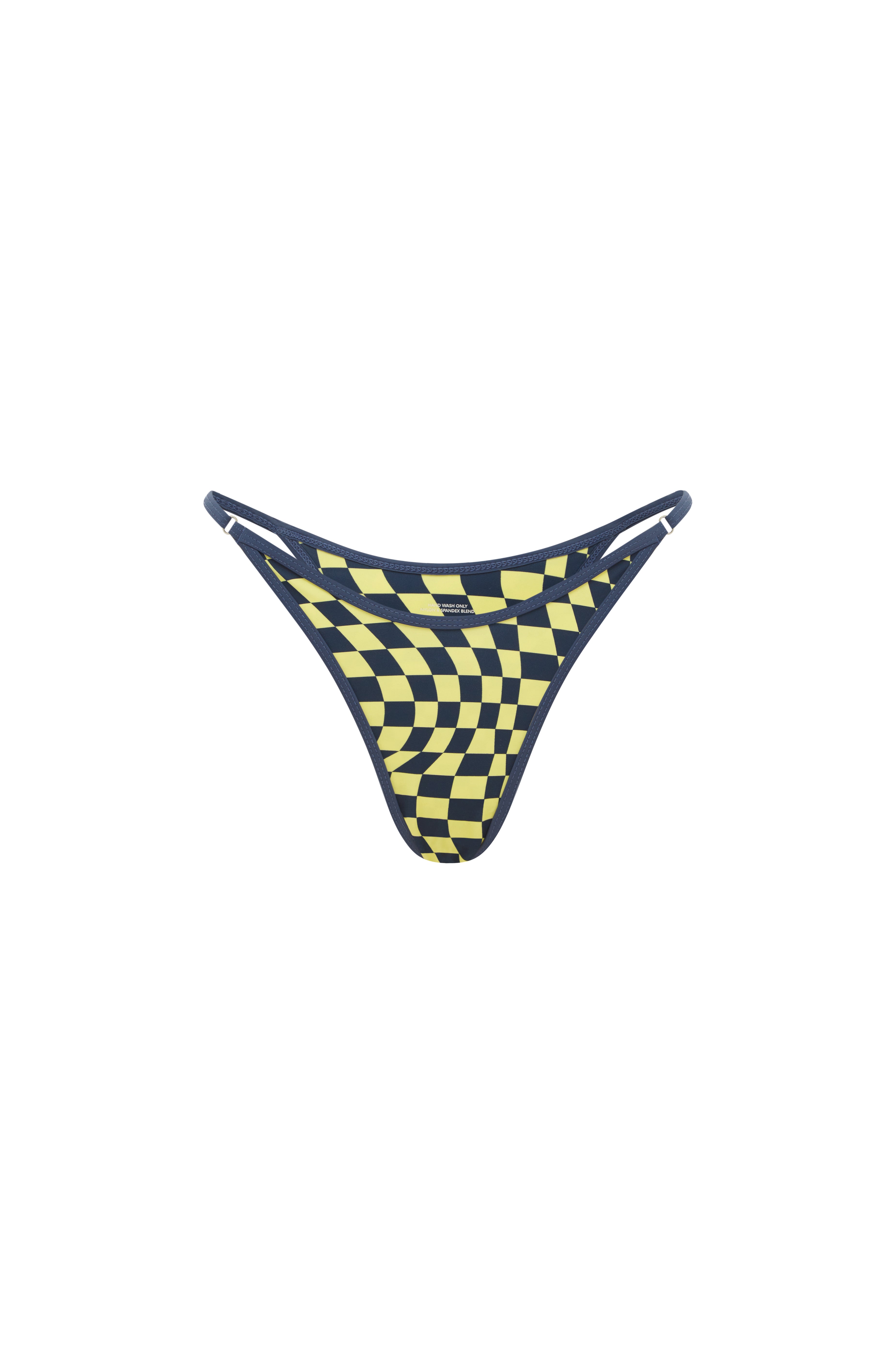 Checkered navy and yellow bikini bottom on a white background.