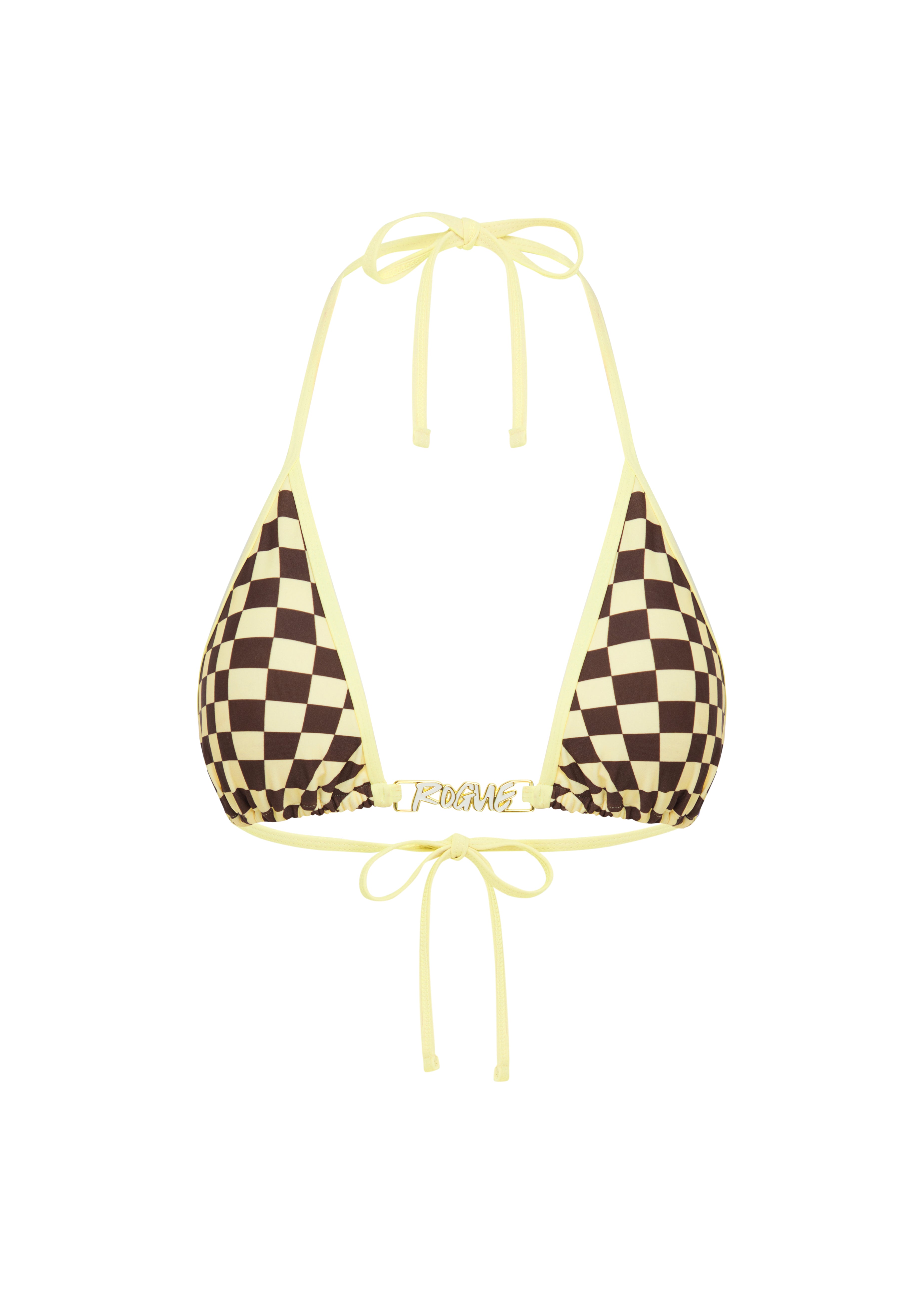 A triangle bikini top with a brown and checkerboard pattern on the cups, featuring pastel yellow tie straps and a matching waist tie, displayed on a solid white background.