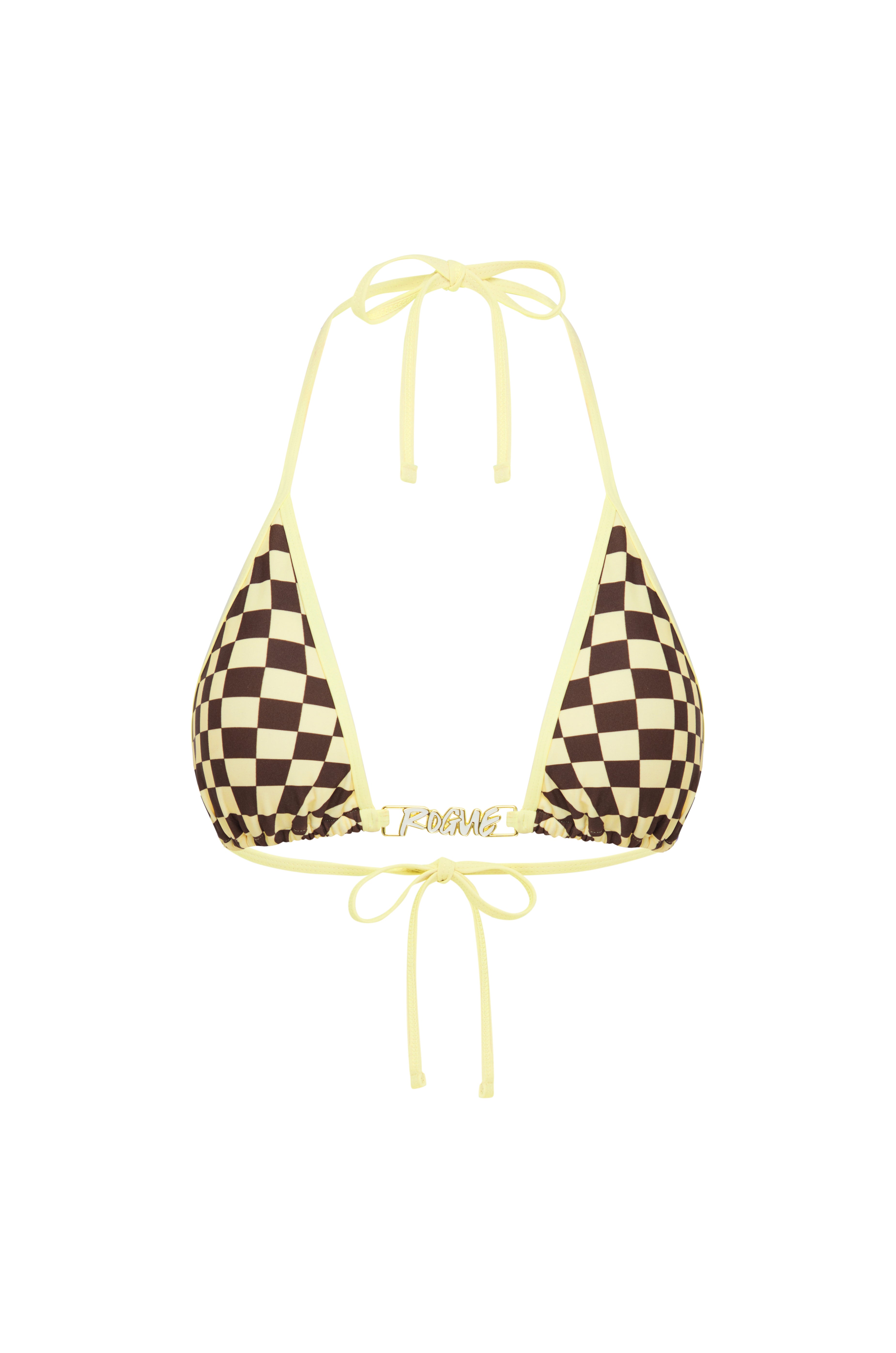 A triangle bikini top with a brown and checkerboard pattern on the cups, featuring pastel yellow tie straps and a matching waist tie, displayed on a solid white background.
