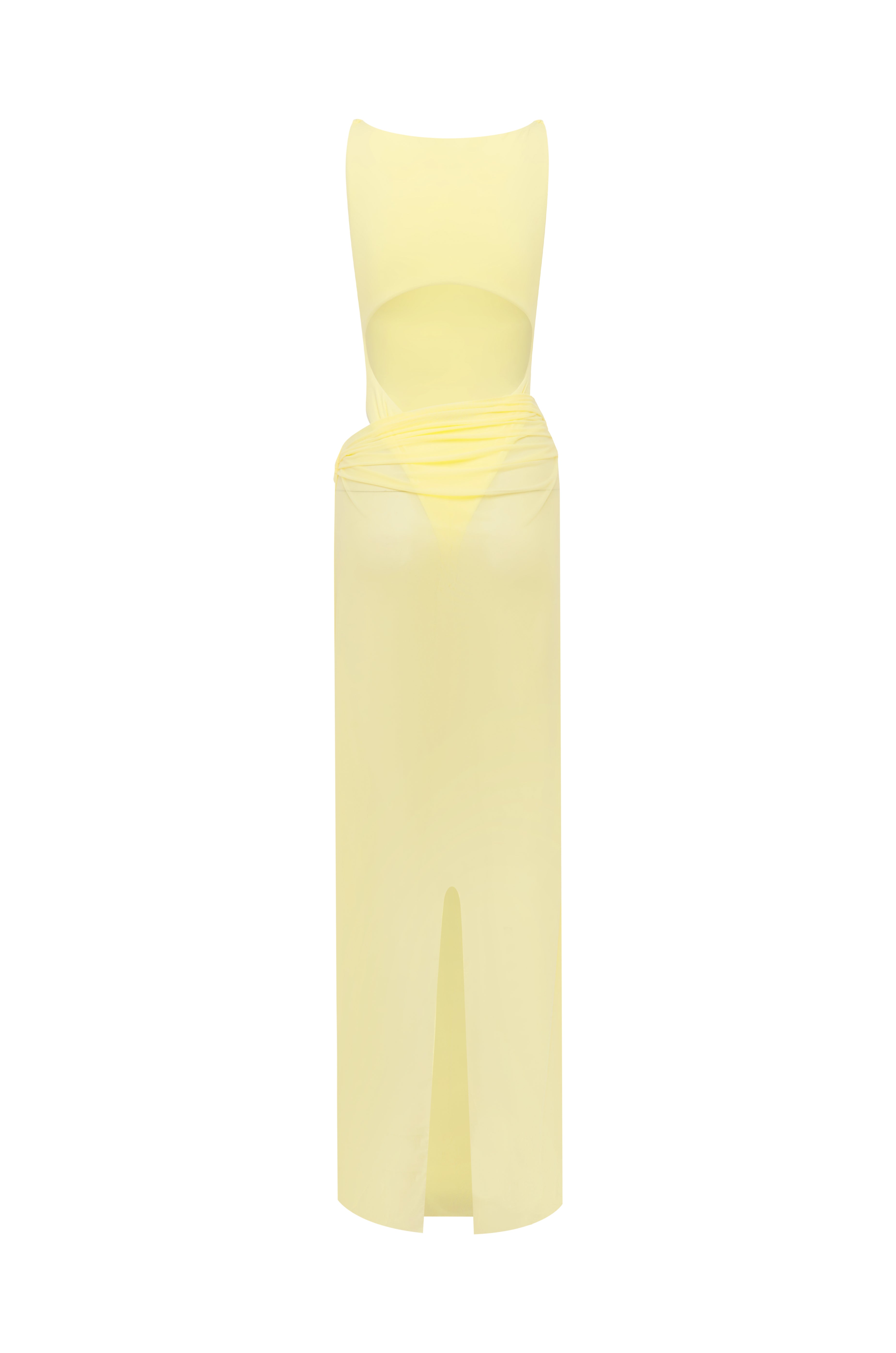 Back of yellow swimsuit with a matching sheer maxi skit on a white background