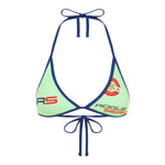 Green bikini top with blue trim and multicoloured logo details, featuring a halter neck design.