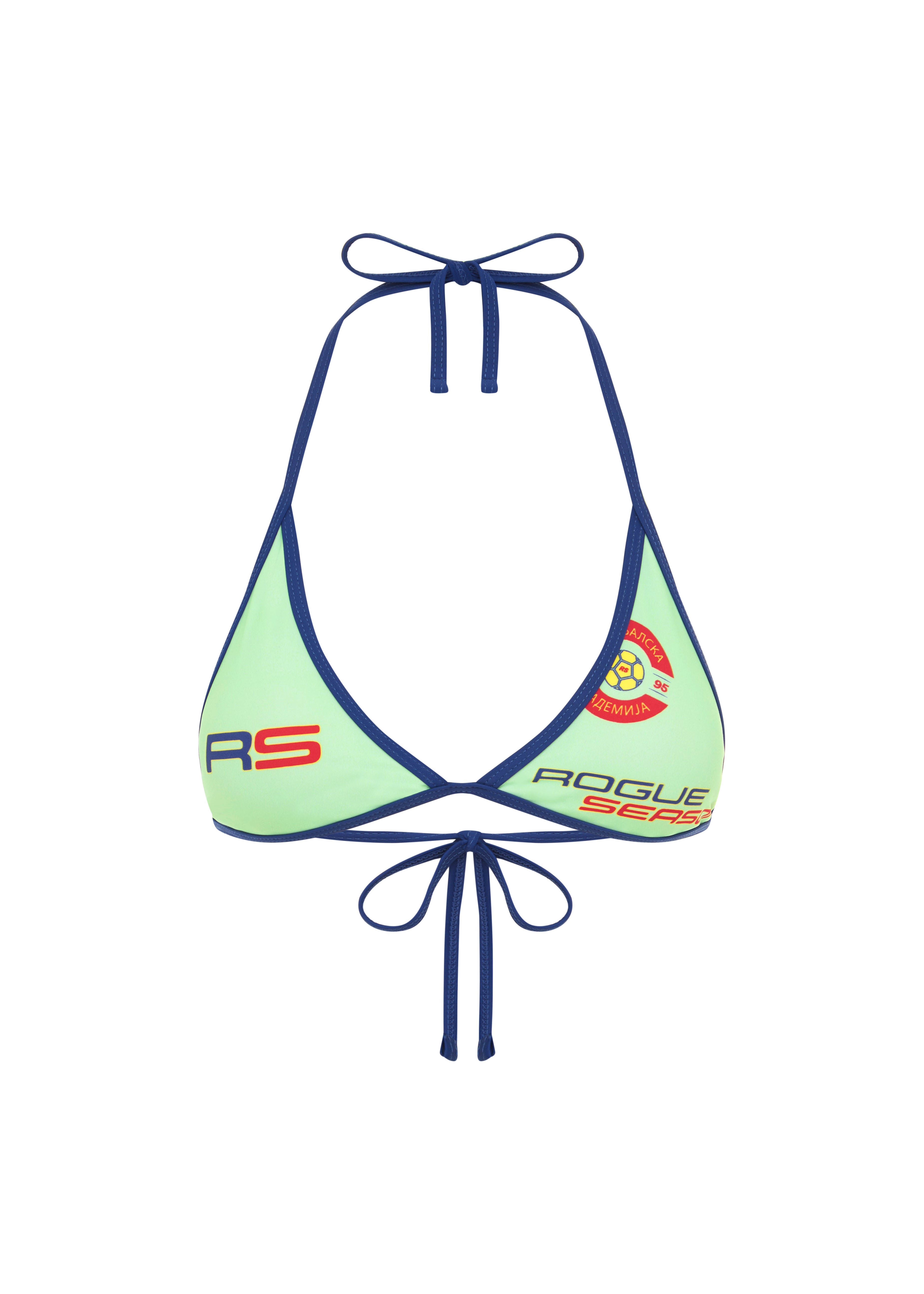 Green bikini top with blue trim and multicoloured logo details, featuring a halter neck design.