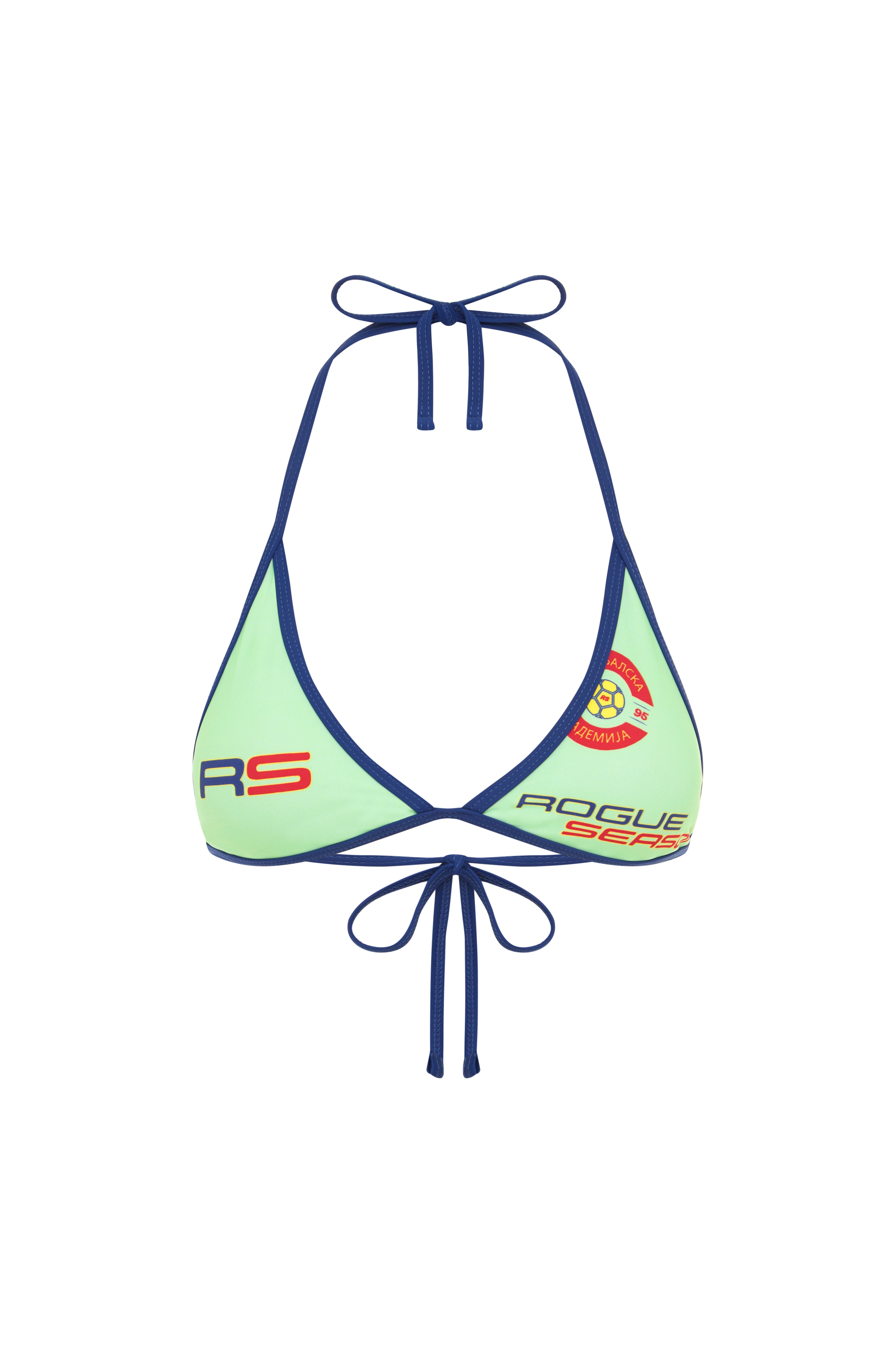 Green bikini top with blue trim and multicoloured logo details, featuring a halter neck design.