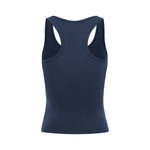 Back view of navy Rogue Season fitted tank top with scoop neckline and yellow logo graphic on the front, on a white background.