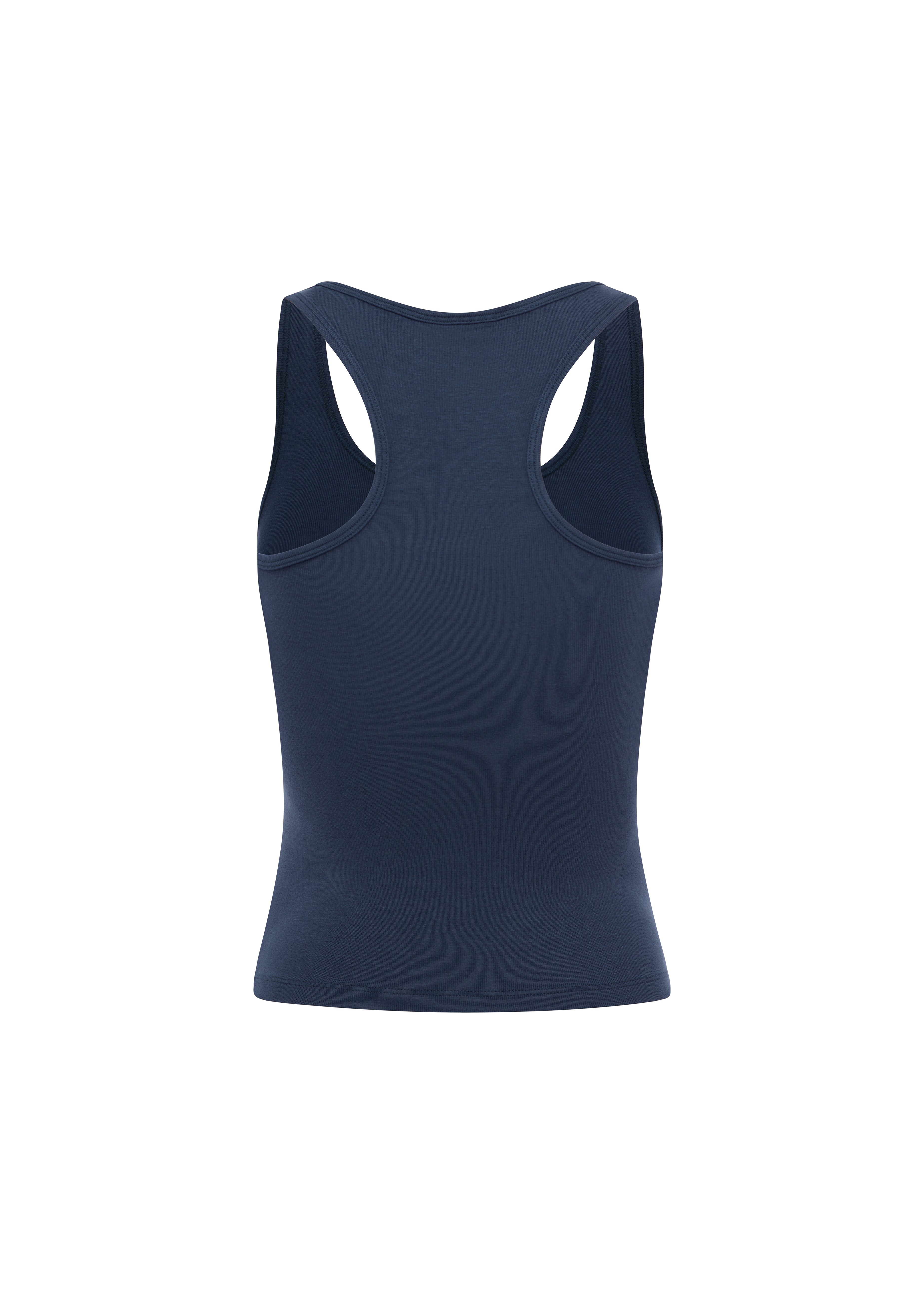 Back view of navy Rogue Season fitted tank top with scoop neckline and yellow logo graphic on the front, on a white background.