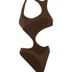 Back shot of a brown cut out swimsuit on a white background.