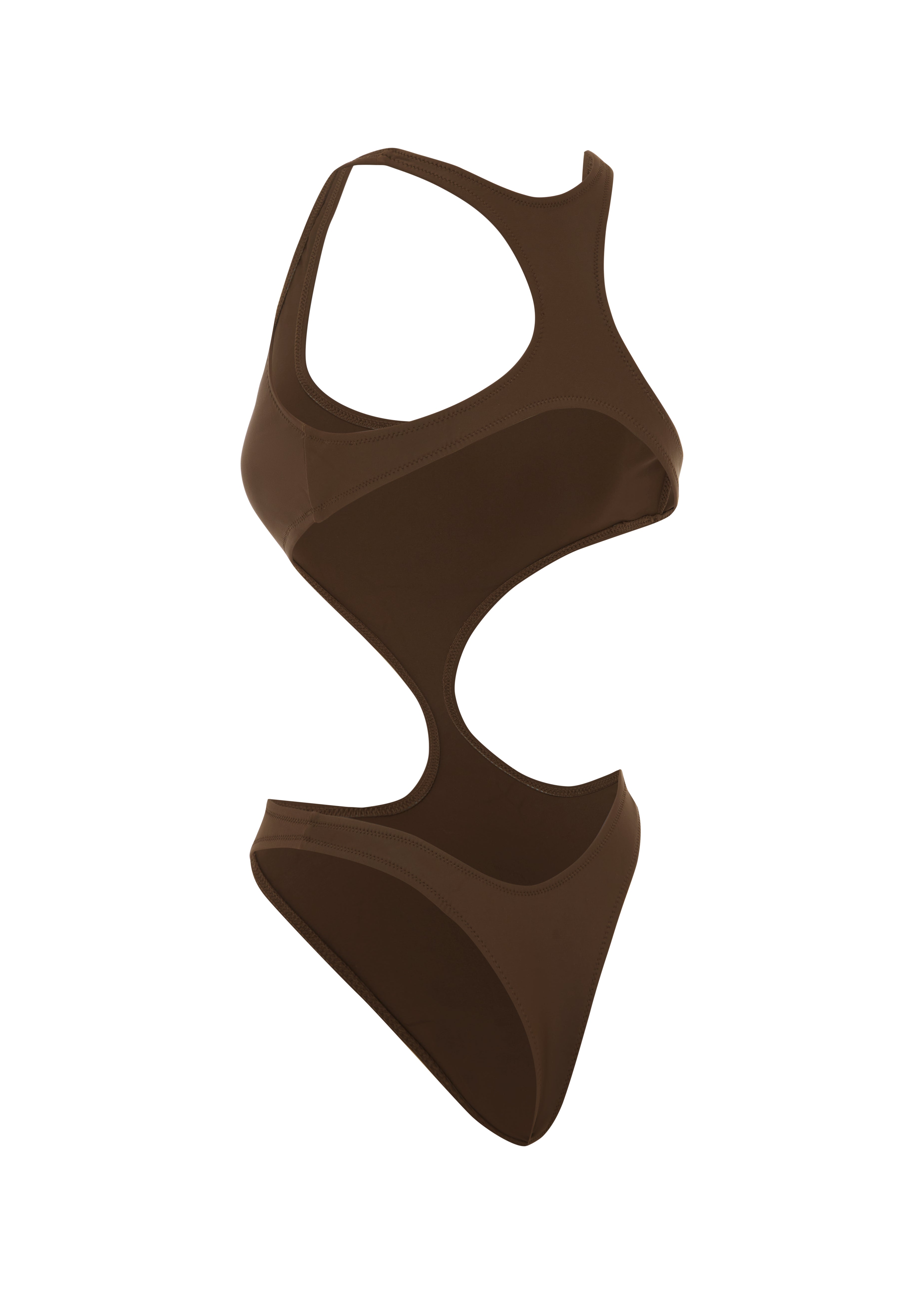 Back shot of a brown cut out swimsuit on a white background.
