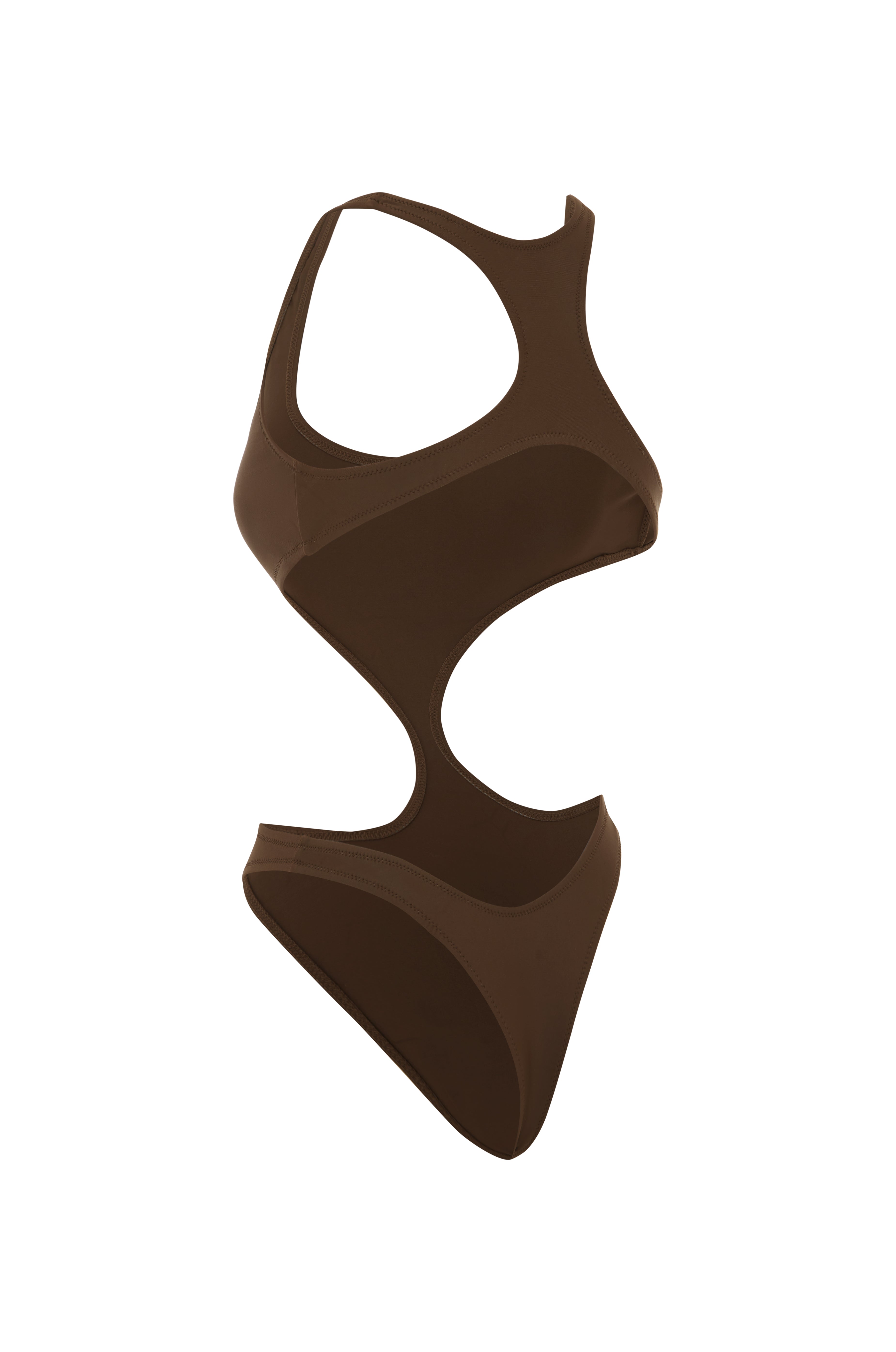Back shot of a brown cut out swimsuit on a white background.