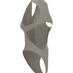 Cut out of grey one piece swimsuit on a white background.
