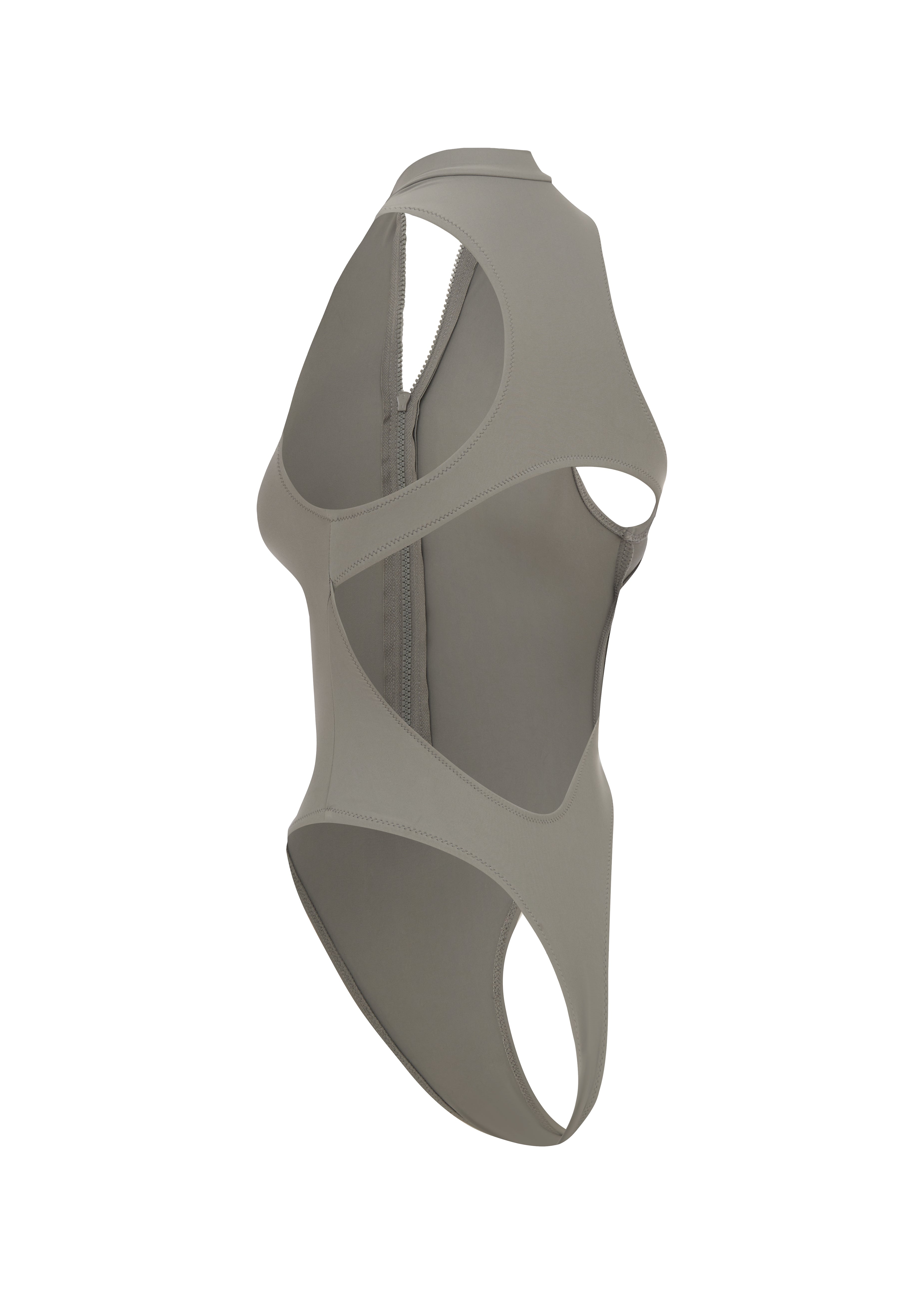 Cut out of grey one piece swimsuit on a white background.