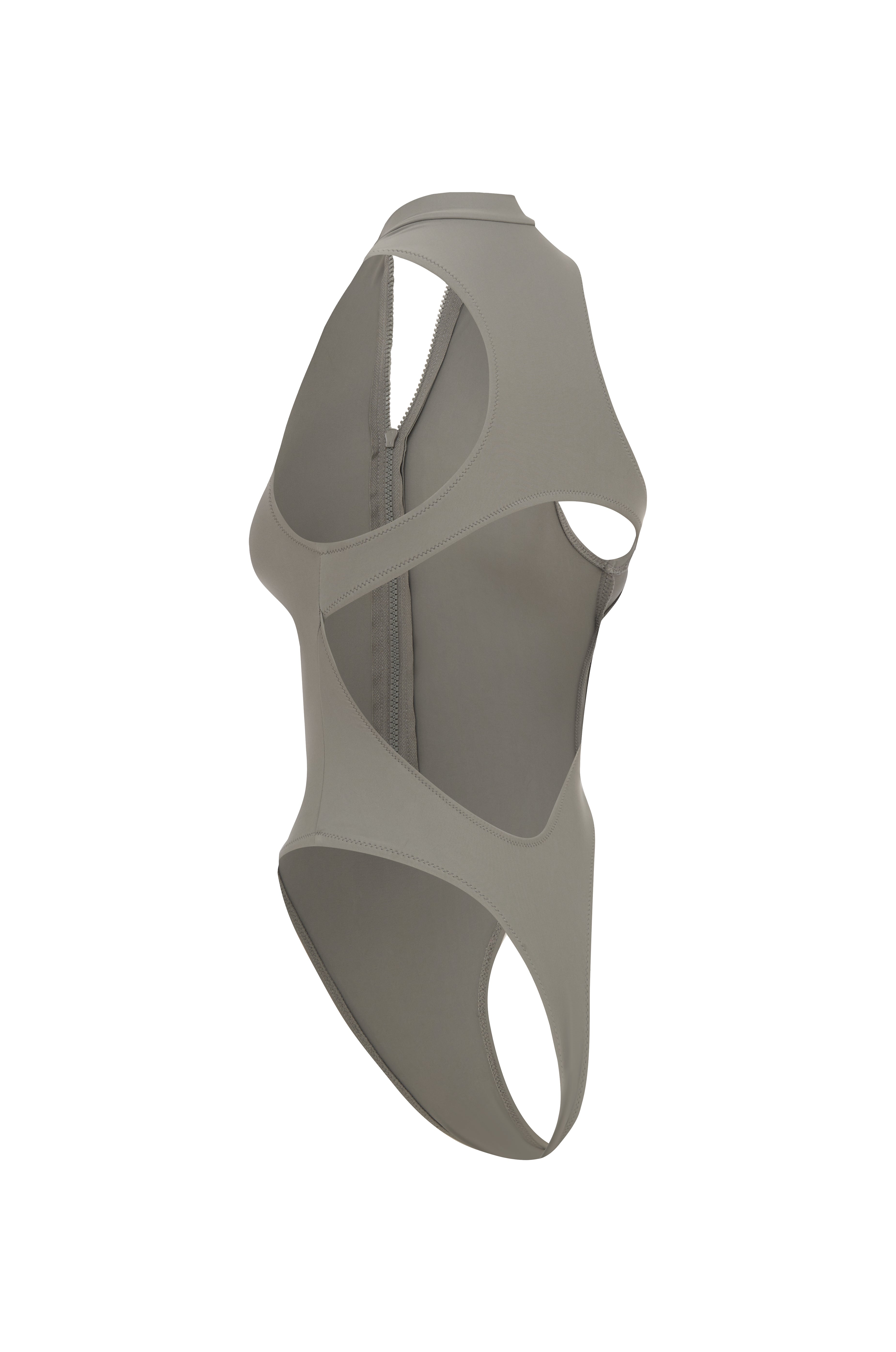 Cut out of grey one piece swimsuit on a white background.