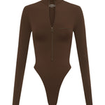 A long sleeve brown swimsuit with a high neck and front zip detail on a white background.