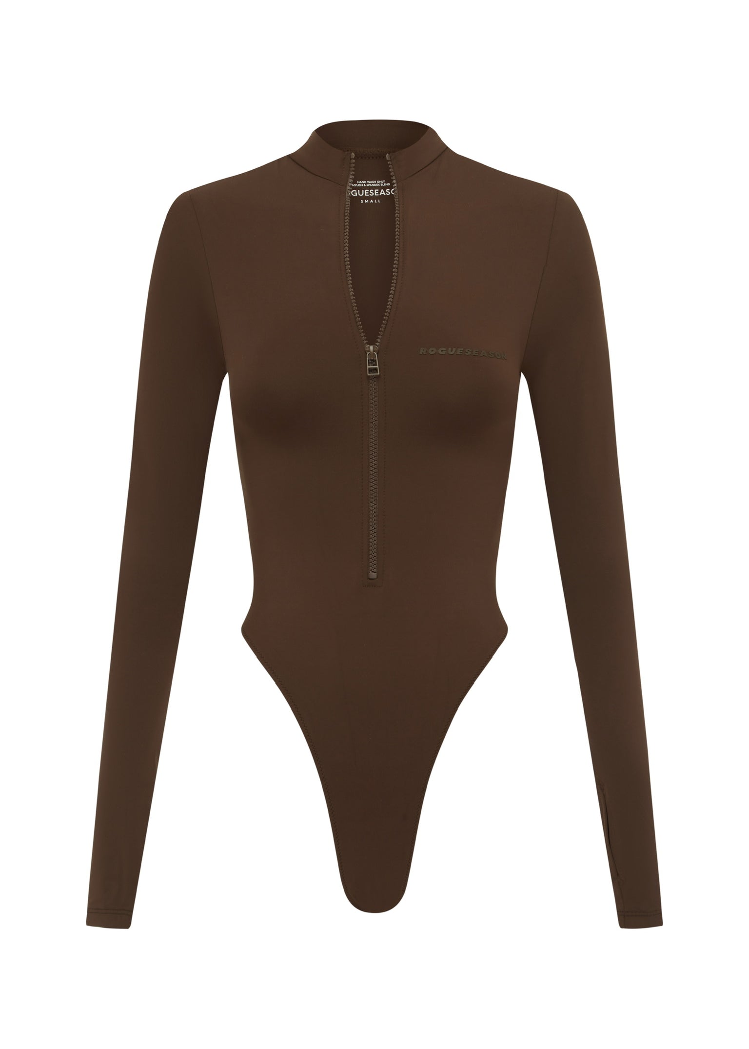 A long sleeve brown swimsuit with a high neck and front zip detail on a white background.