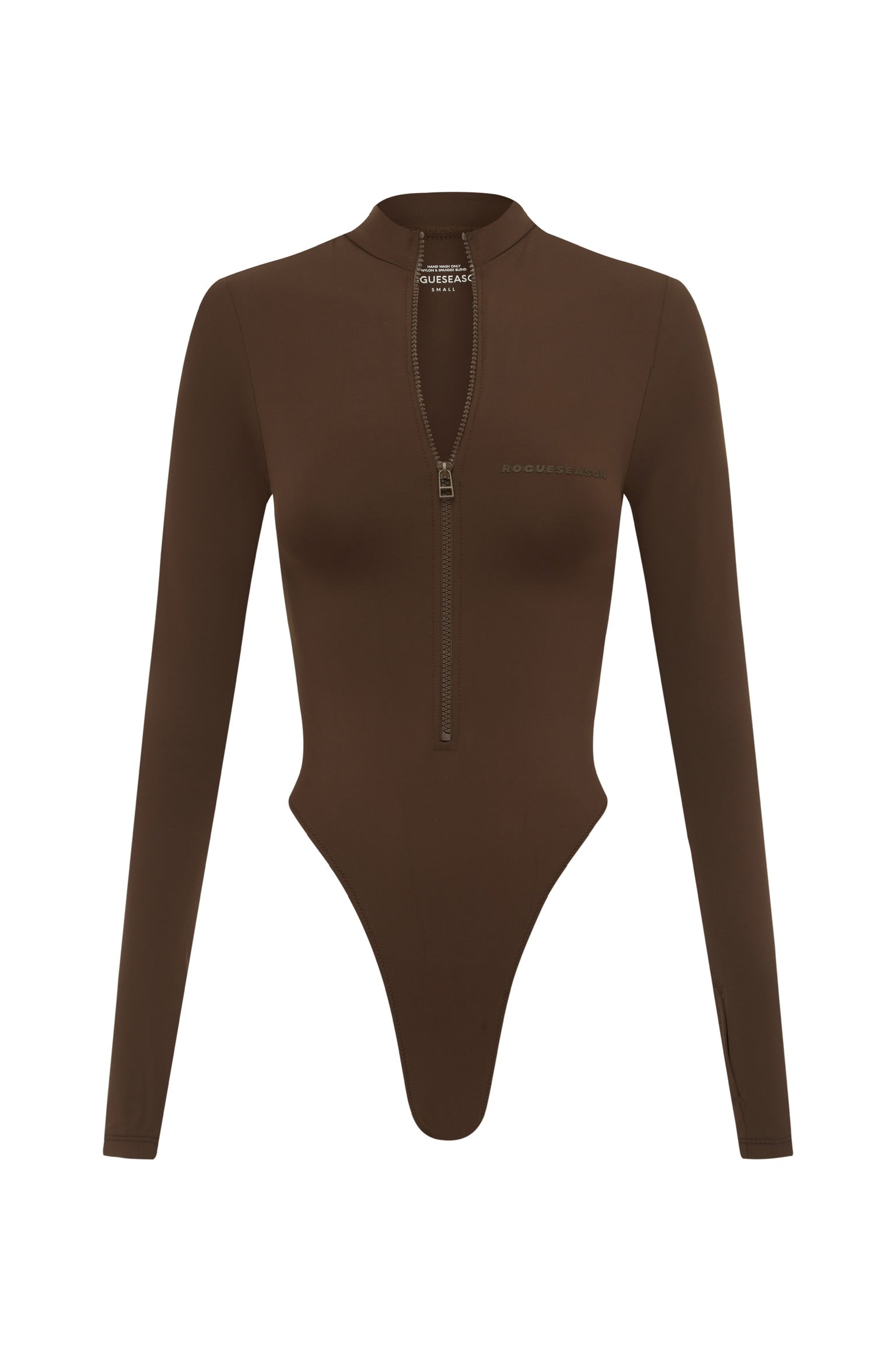 A long sleeve brown swimsuit with a high neck and front zip detail on a white background.