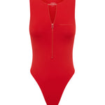 A red one-piece swimsuit with a V-neckline and a zippered front on a white background.