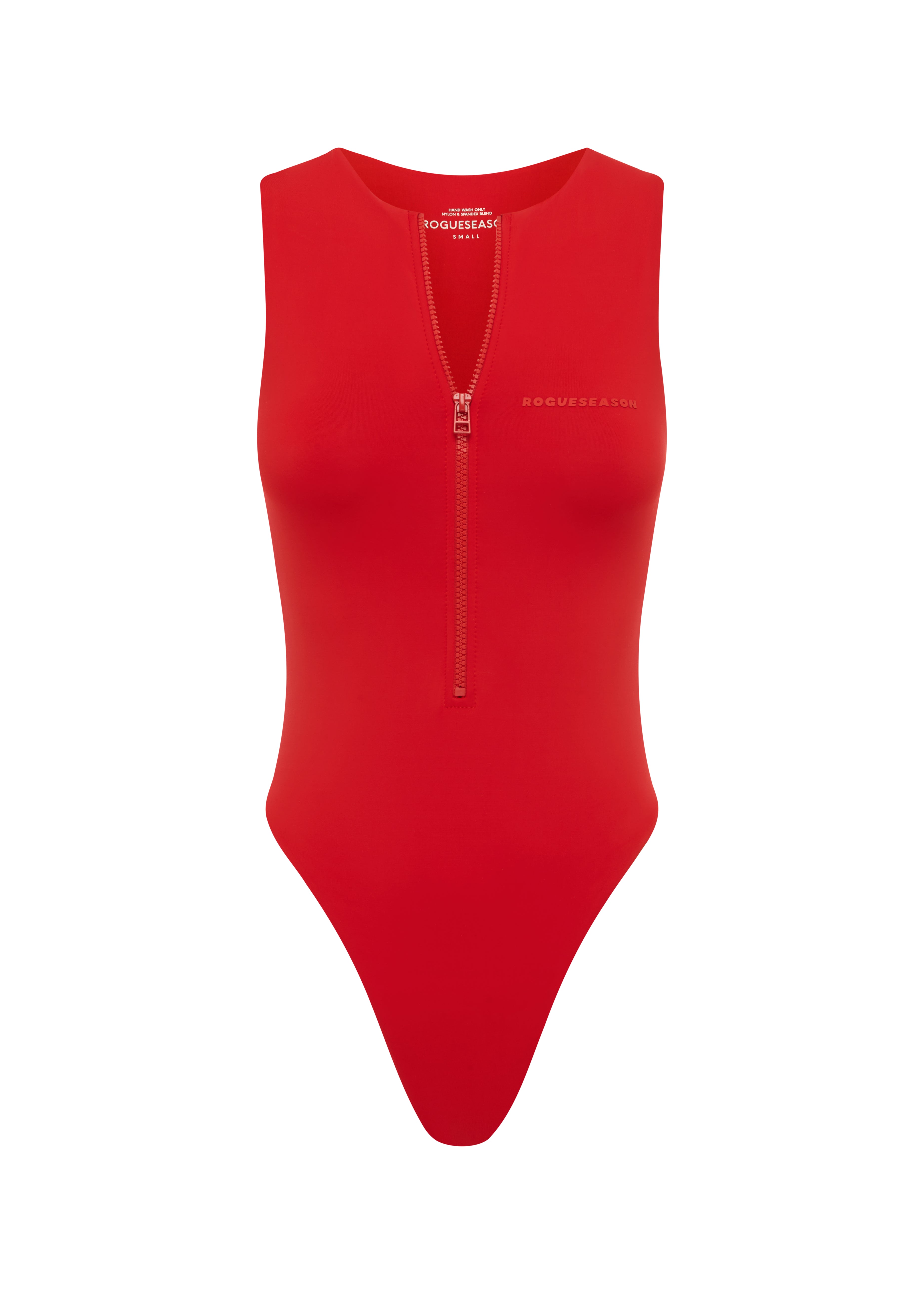 A red one-piece swimsuit with a V-neckline and a zippered front on a white background.