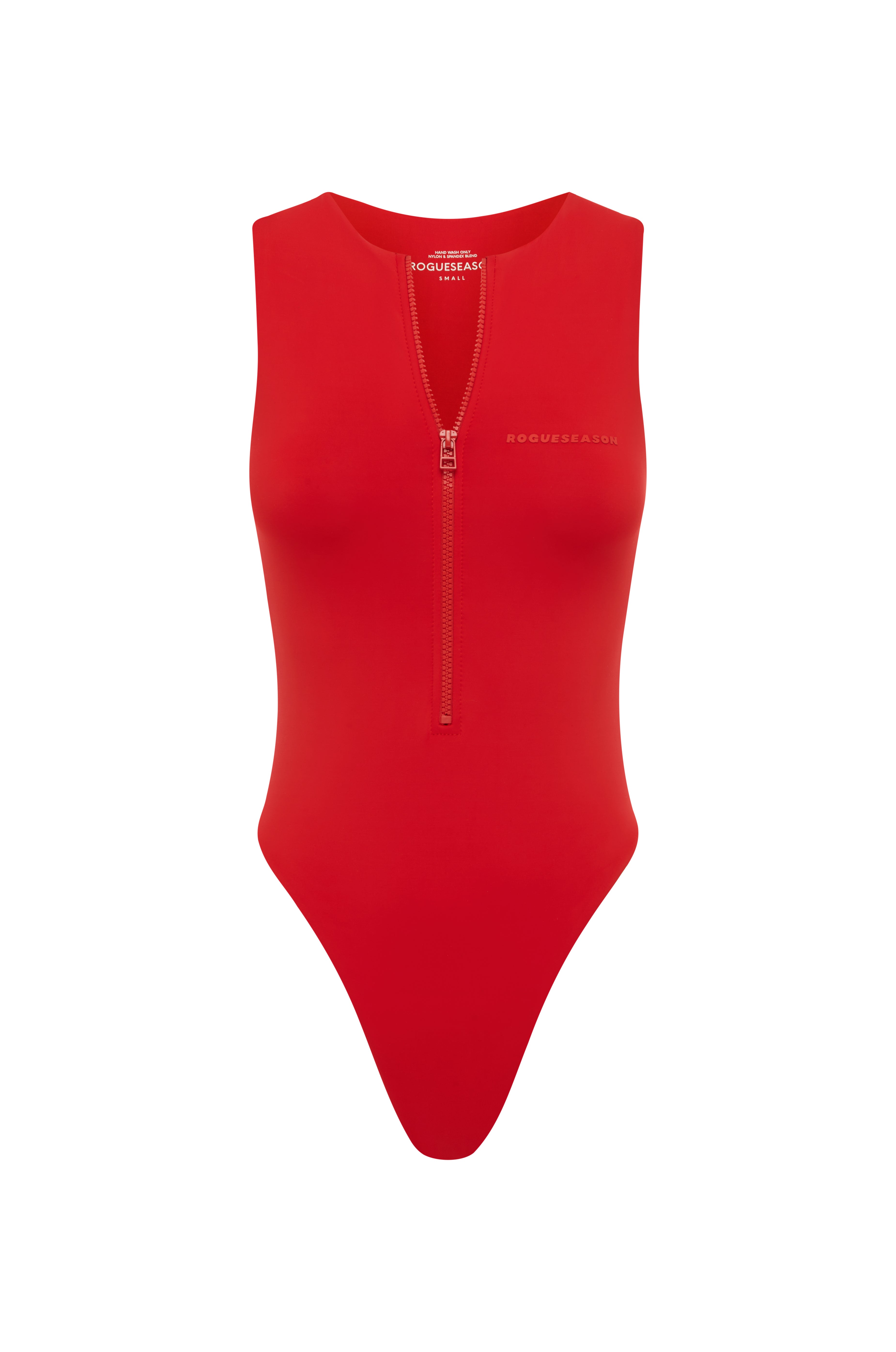 A red one-piece swimsuit with a V-neckline and a zippered front on a white background.