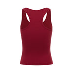 Back shot of Cherry fitted tank top with scoop neckline and yellow Rogue Season logo graphic on the front, shown on a plain background.