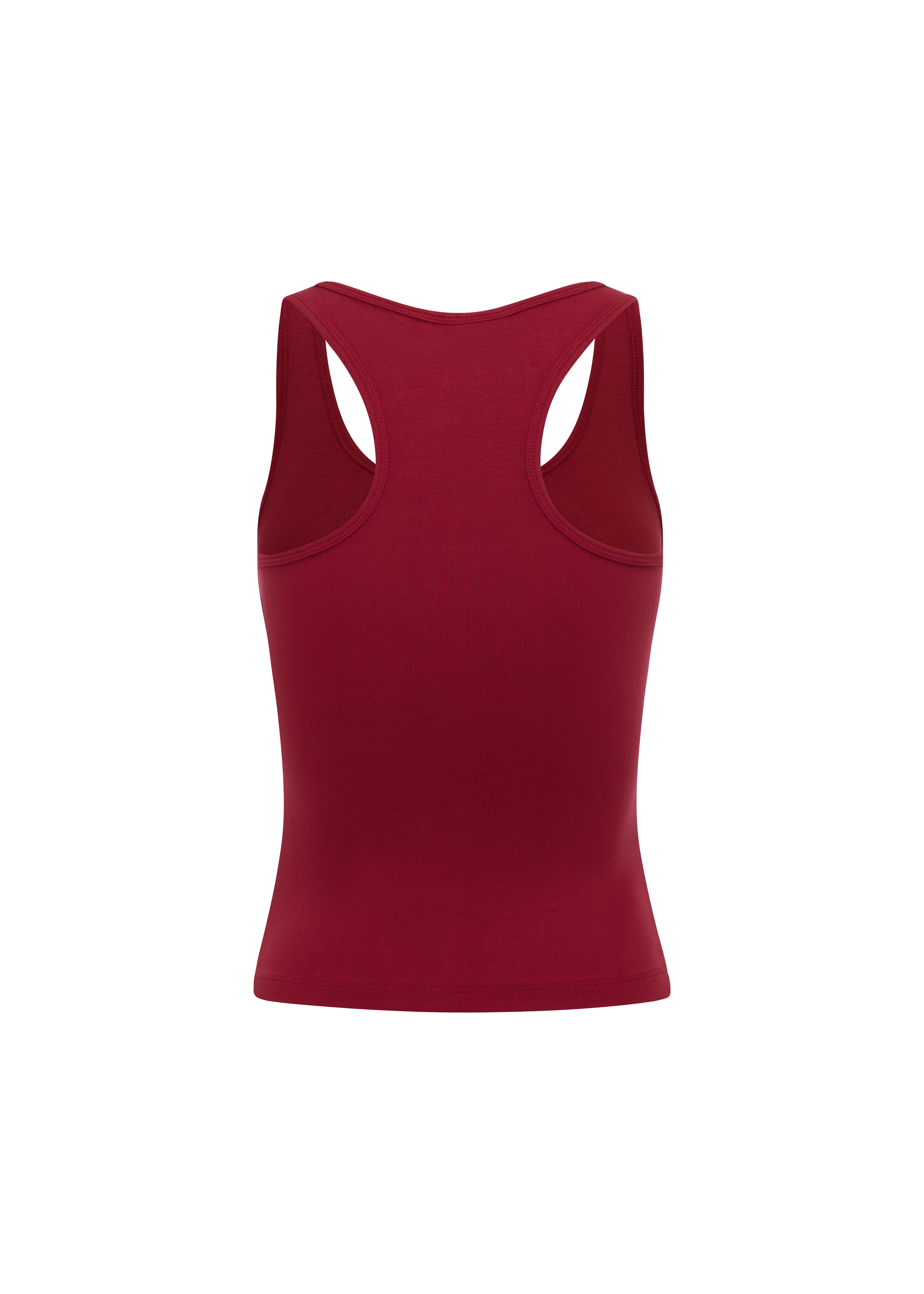 Back shot of Cherry fitted tank top with scoop neckline and yellow Rogue Season logo graphic on the front, shown on a plain background.