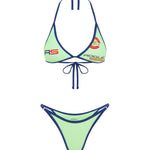 Green bikini bottom and matching triangle bikini top with navy trim and RS logo detailing, on a white background