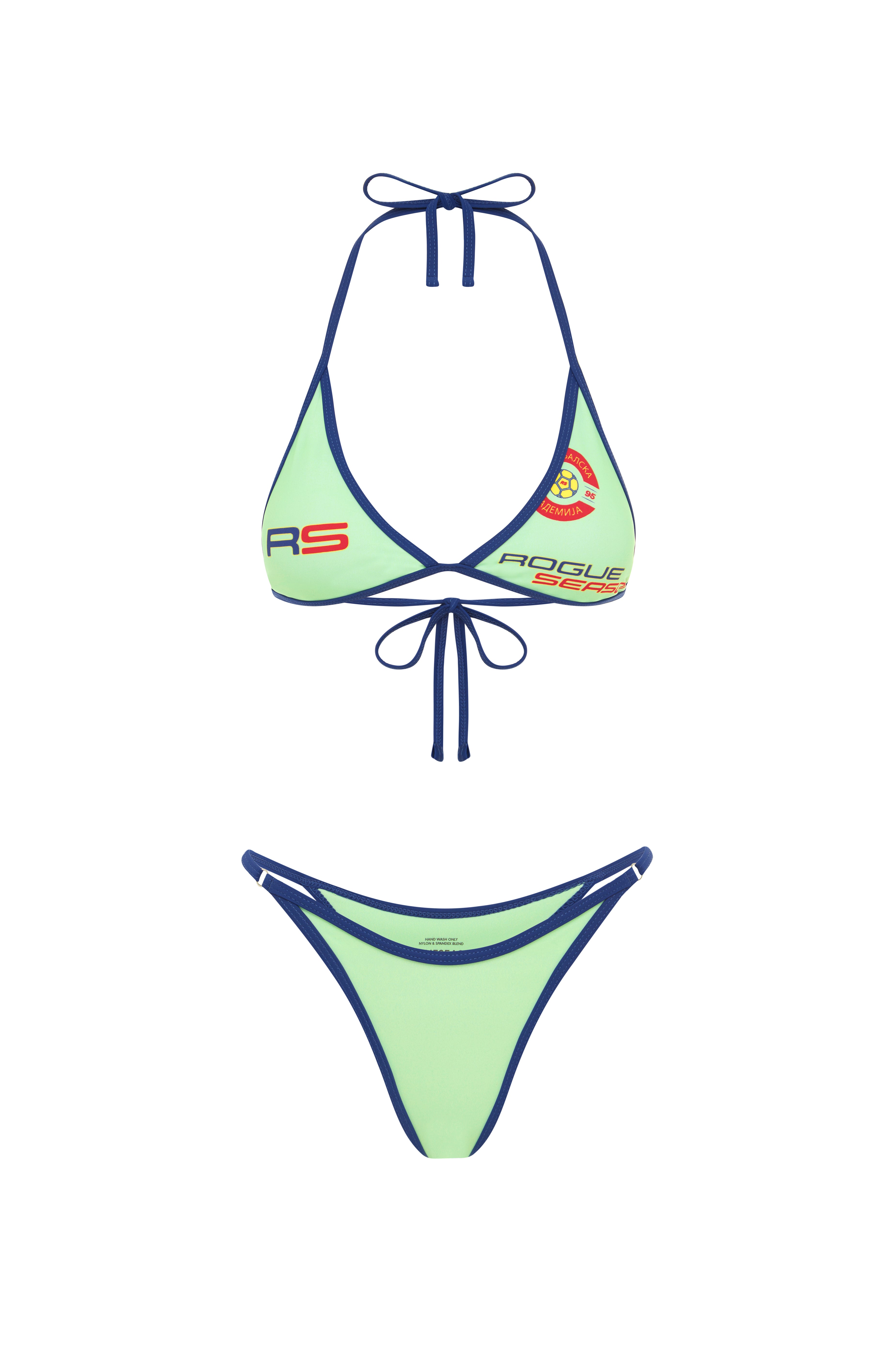 Green bikini bottom and matching triangle bikini top with navy trim and RS logo detailing, on a white background
