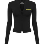 Black Rogue Season long-sleeve zip-up swim top with front zipper and yellow logo detail on chest, on a white background