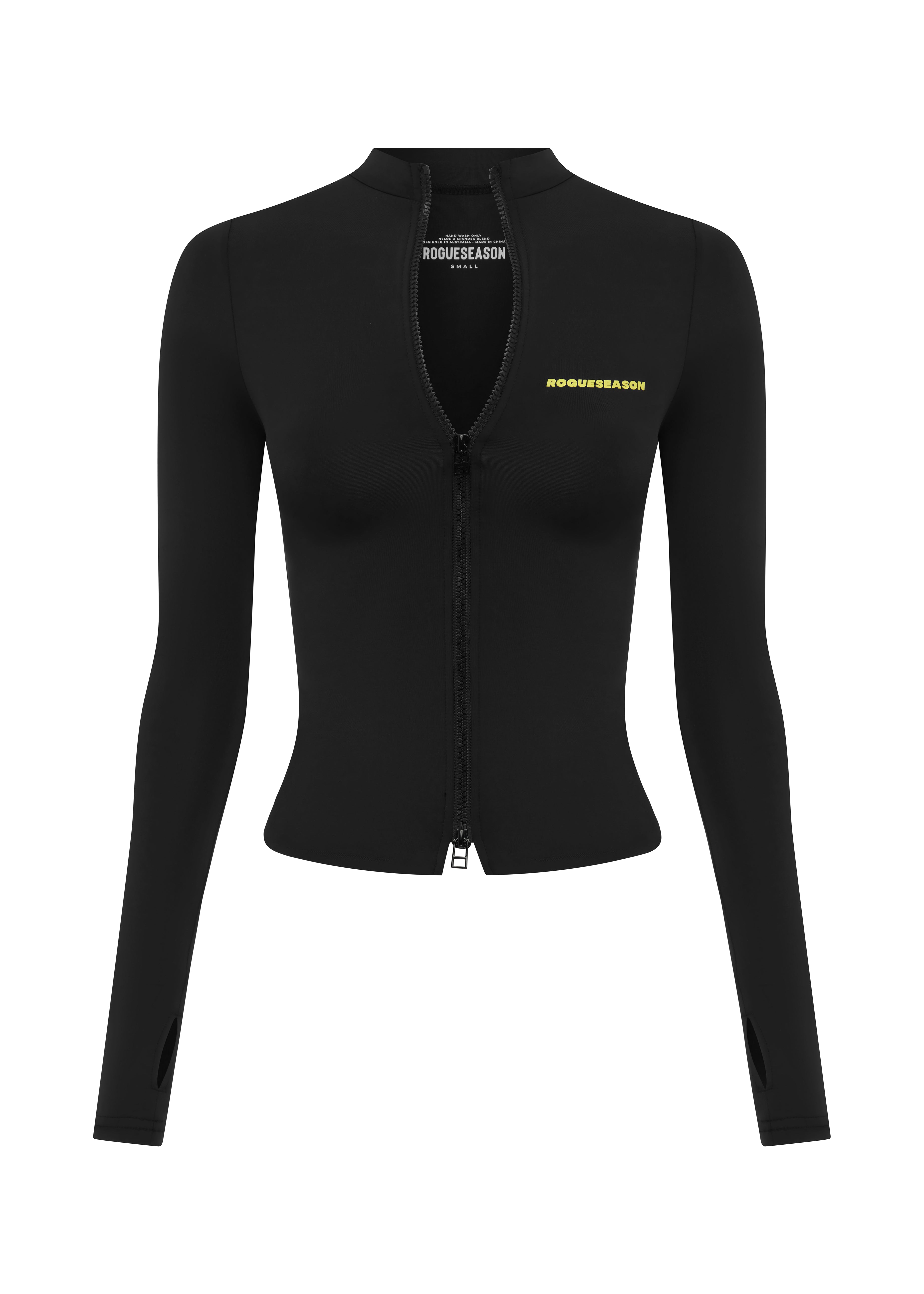 Black Rogue Season long-sleeve zip-up swim top with front zipper and yellow logo detail on chest, on a white background