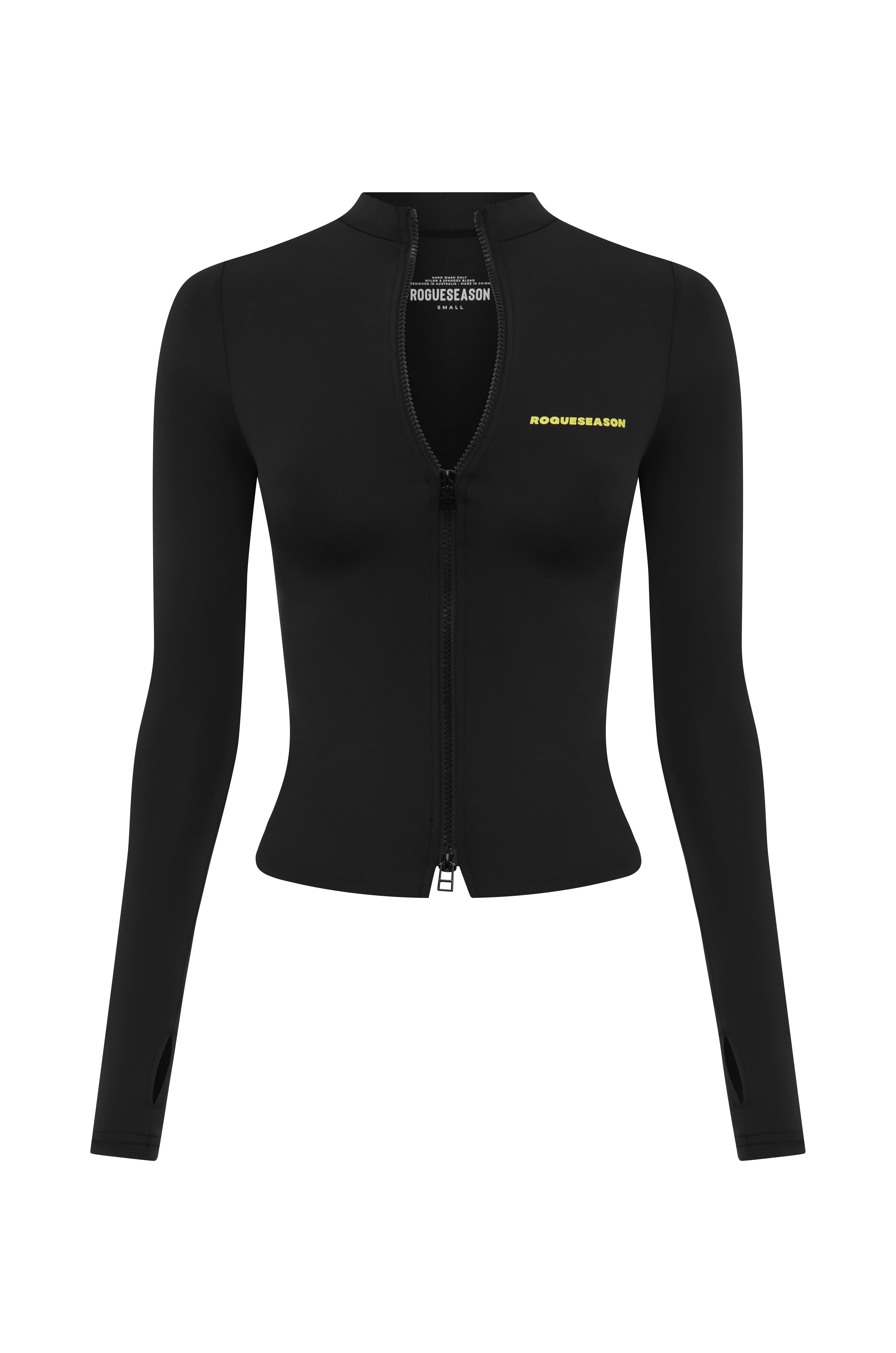 Black Rogue Season long-sleeve zip-up swim top with front zipper and yellow logo detail on chest, on a white background
