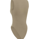 Back shot of cinnamon coloured one piece swimsuit on a white background.