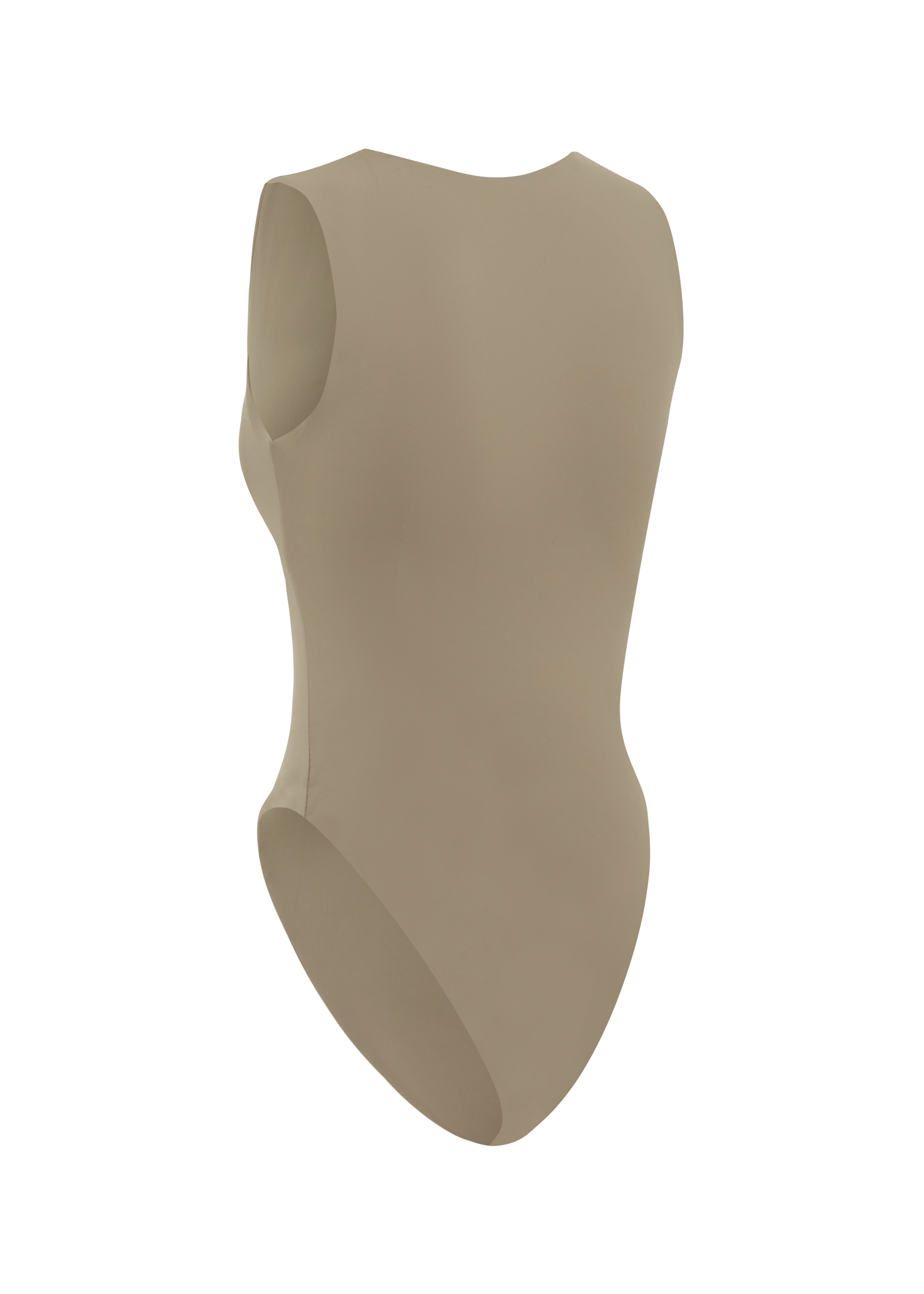 Back shot of cinnamon coloured one piece swimsuit on a white background.