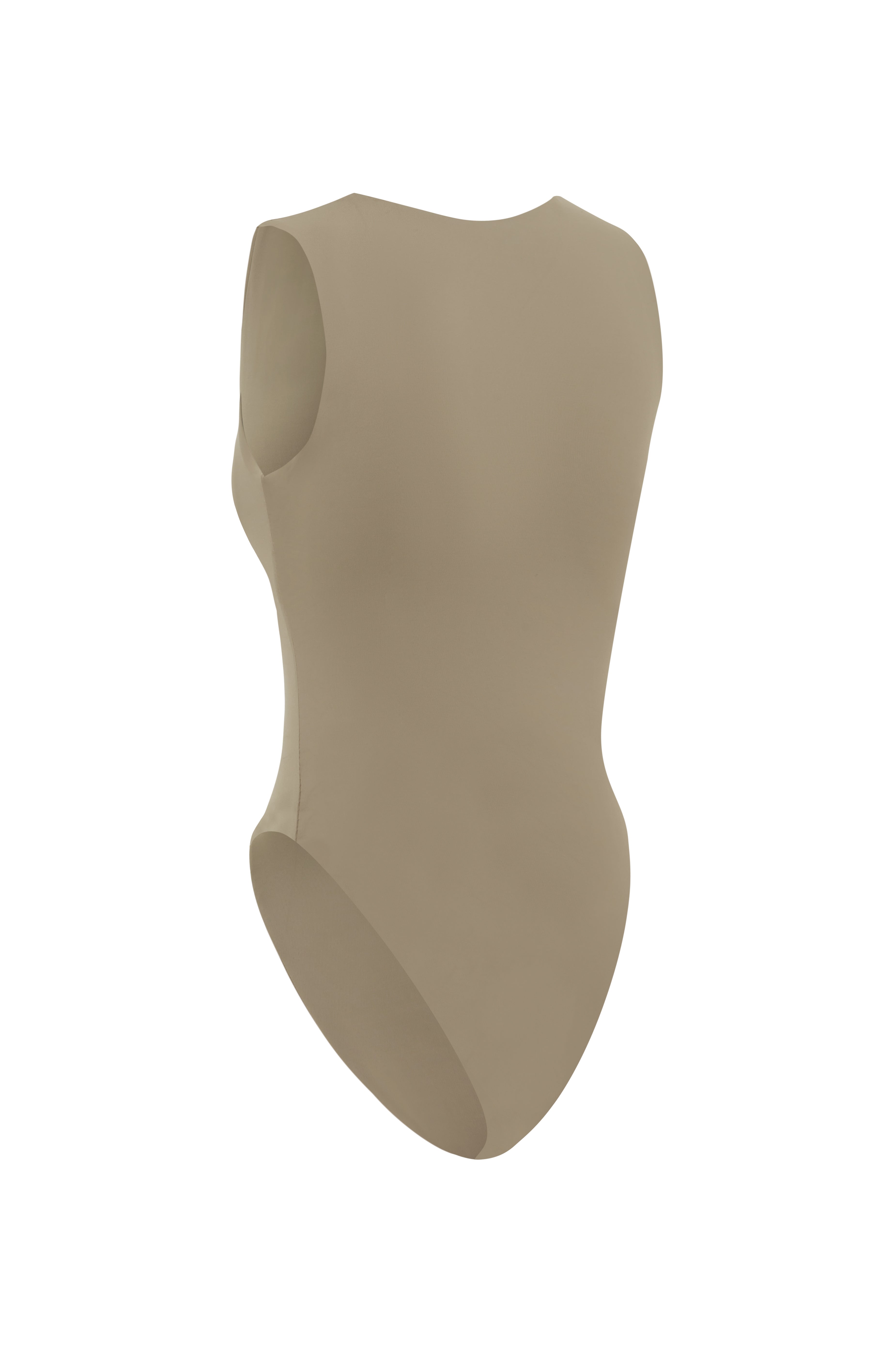 Back shot of cinnamon coloured one piece swimsuit on a white background.