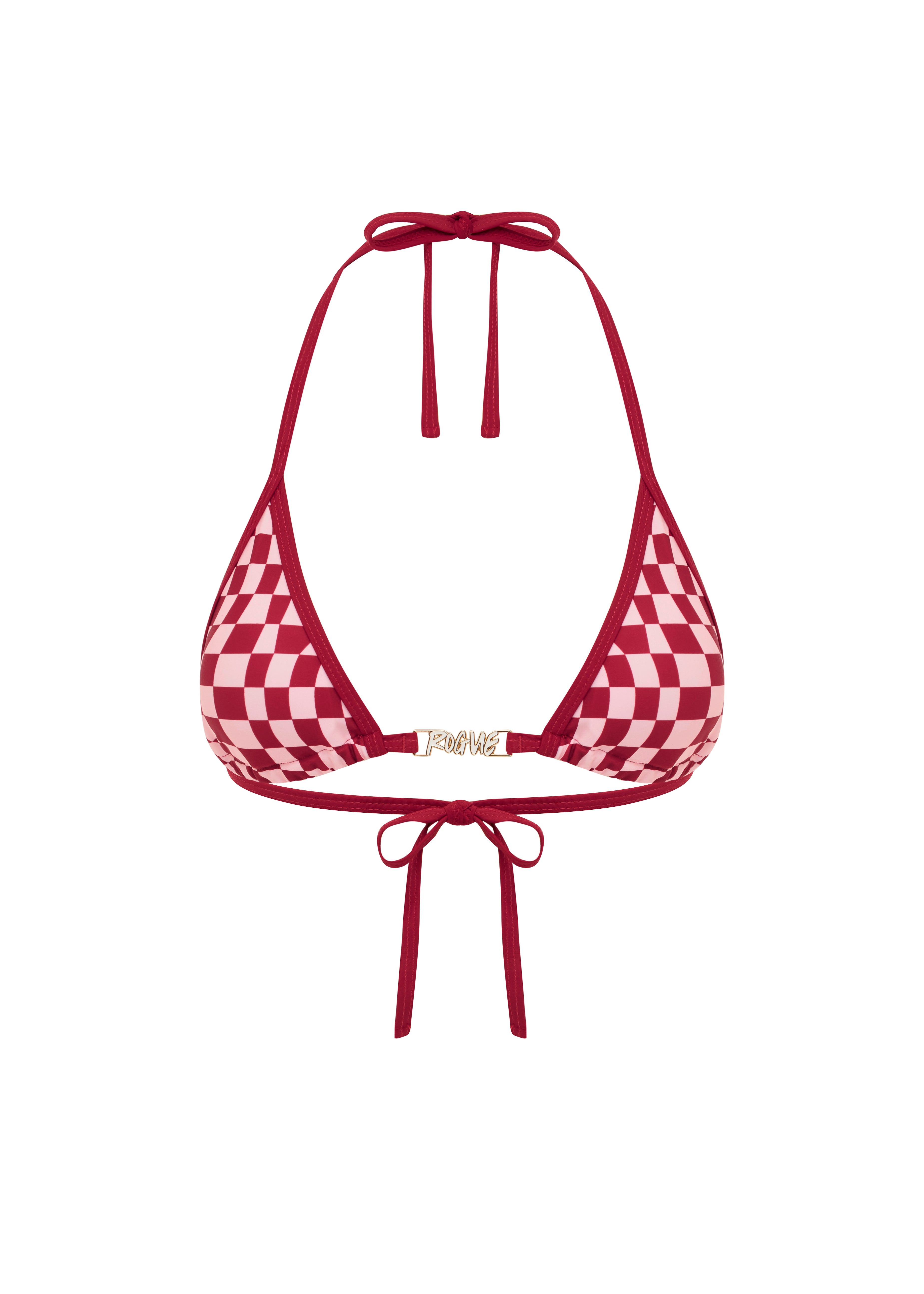 Red checkered bikini top on a white background